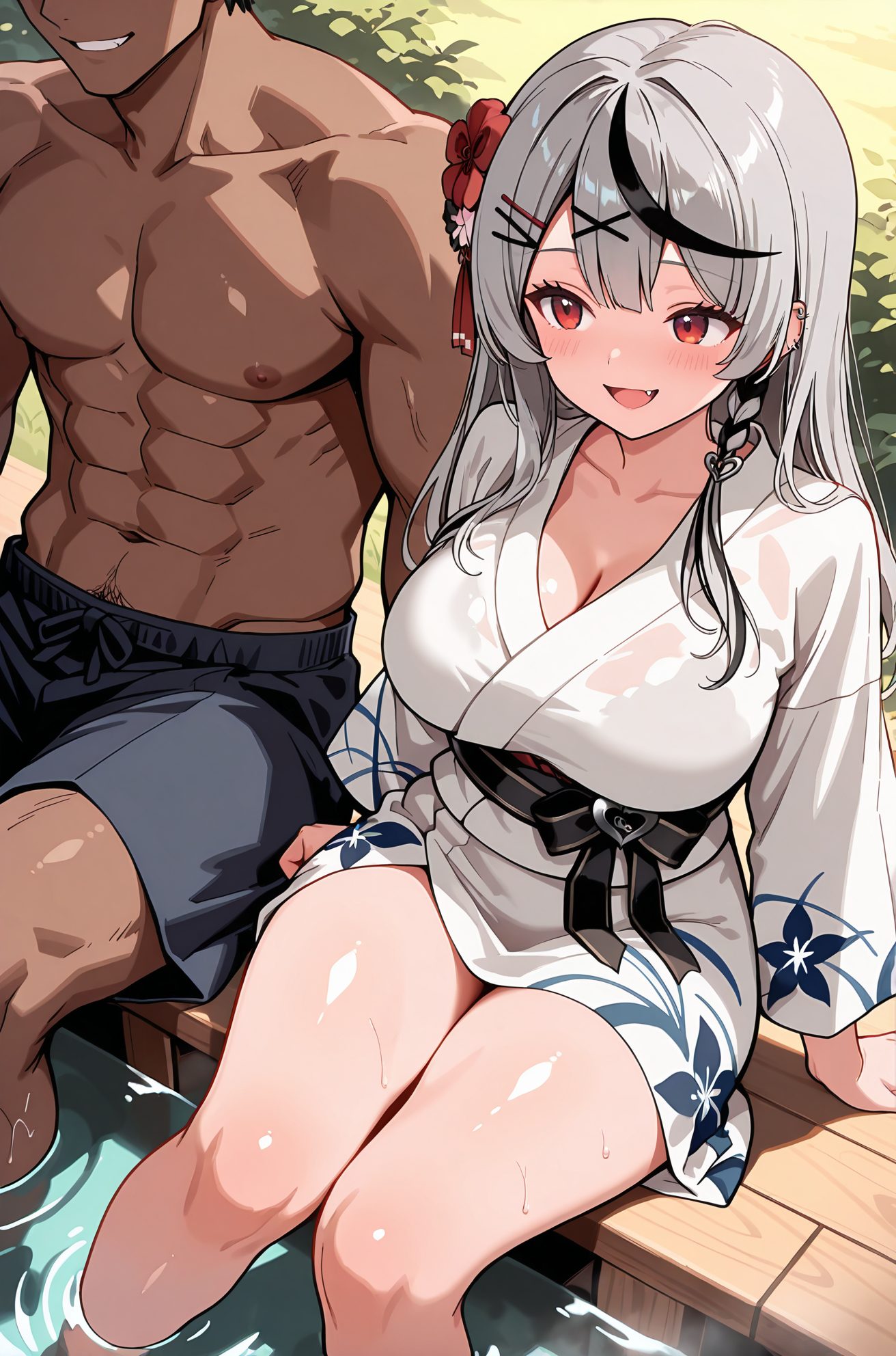 sensitive, 1girl, long_hair, breasts, blush, smile, open_mouth, bangs, large_breasts, black_hair, hair_ornament, red_eyes, 1boy, cleavage, sitting, collarbone, braid, flower, :d, grey_hair, thighs, multicolored_hair, outdoors, japanese_clothes, hairclip, fang, virtual_youtuber, hair_flower, dark_skin, kimono, water, grin, looking_at_another, streaked_hair, wet, sash, obi, abs, dark-skinned_male, pectorals, x_hair_ornament, topless_male, yukata, white_kimono, soaking_feet, sakamata_chloe, 長い髪, 赤面, 笑顔, 口開き, 前髪, 大きな胸, 黒髪, 髪飾り, 赤い目, 座り, 鎖骨, 灰髪, 多色髪, 和服, ヘアクリップ, バーチャルYouTuber, 髪の花, 褐色肌, 褐色男性, 沙花叉クロヱ, ok