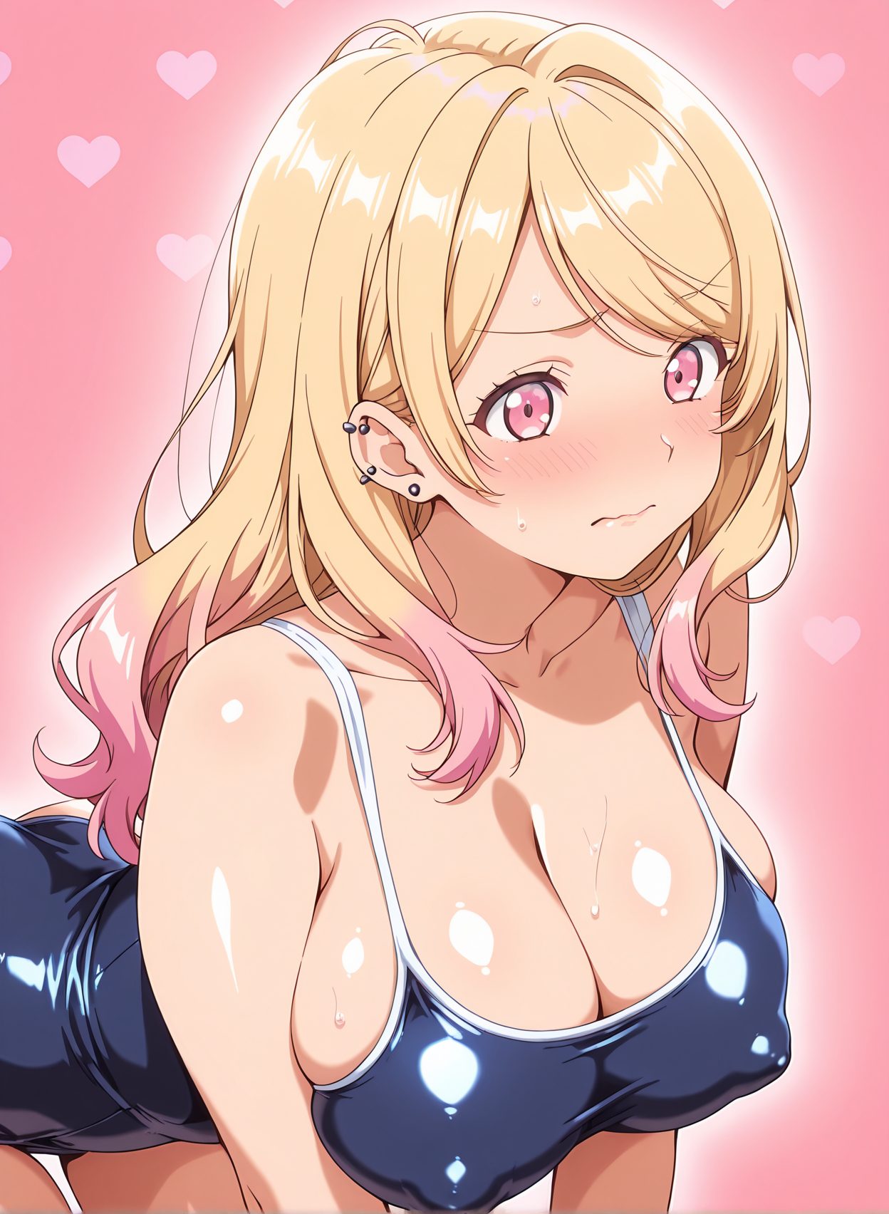 questionable, 1girl, solo, long_hair, breasts, blush, bangs, blonde_hair, large_breasts, cleavage, bare_shoulders, jewelry, closed_mouth, collarbone, swimsuit, pink_hair, heart, multicolored_hair, sweat, earrings, shiny, pink_eyes, covered_nipples, gradient, one-piece_swimsuit, shiny_skin, gradient_hair, skindentation, leaning_forward, swept_bangs, embarrassed, piercing, pink_background, school_swimsuit, ear_piercing, shiny_clothes, blue_one-piece_swimsuit, gyaru, competition_school_swimsuit, barbell_piercing, kitagawa_marin, 赤面, 恥じらい, 胸チラ, 汗, 水着, 褐色肌, 巨乳, ギャル, ワンピース, ぱっつん, スクール水着, 喜多川海夢, その着せ替え人形は恋をする, Posted, 長い髪, 前髪, 金髪, 大きな胸, 肩出し, ジュエリー, 口閉じ, 鎖骨, ピンク髪, 多色髪, イヤリング, 光沢, ワンピース水着, 光沢肌, 学校水着, 競泳用スクール水着