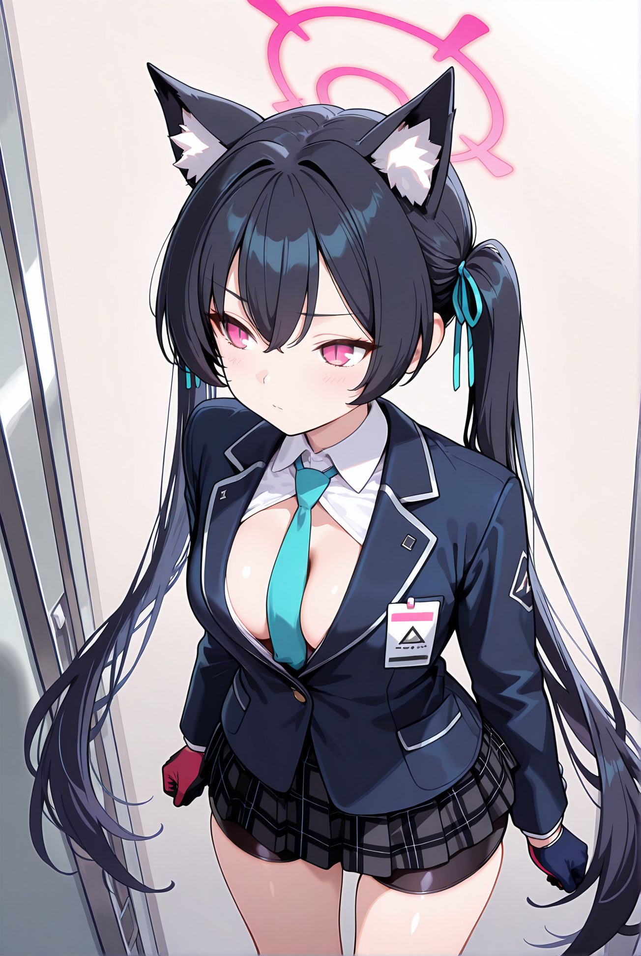 kuromi serika, sensitive, 1girl, solo, long_hair, breasts, blush, bangs, skirt, shirt, black_hair, red_eyes, gloves, long_sleeves, ribbon, animal_ears, cleavage, hair_between_eyes, twintails, medium_breasts, very_long_hair, closed_mouth, school_uniform, standing, jacket, hair_ribbon, white_shirt, thighs, cowboy_shot, pleated_skirt, open_clothes, necktie, shorts, collared_shirt, cat_ears, miniskirt, pink_eyes, animal_ear_fluff, plaid, open_shirt, no_bra, halo, plaid_skirt, looking_away, black_shorts, blazer, blue_jacket, bike_shorts, between_breasts, blue_necktie, id_card, shorts_under_skirt, bike_shorts_under_skirt, 長い髪, 赤面, 前髪, スカート, シャツ, 黒髪, 赤い目, 手袋, リボン, 動物耳, 目にかかる髪, ツインテール, 中くらいの胸, とても長い髪, 口閉じ, 学校制服, 髪リボン, 白シャツ, 衣服開く, ミニスカート, シャツ開く, バイクショーツ（スパッツ）, ok