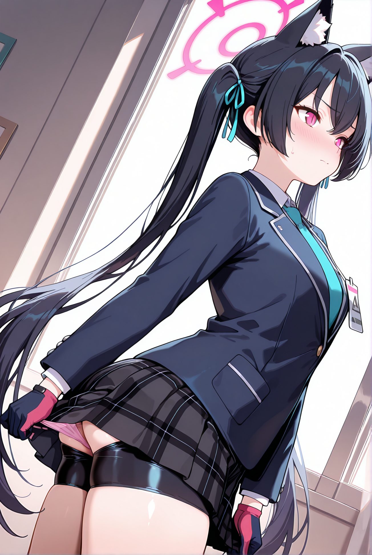 kuromi serika, sensitive, questionable, 1girl, solo, long_hair, blush, bangs, skirt, shirt, black_hair, gloves, long_sleeves, ribbon, animal_ears, twintails, very_long_hair, closed_mouth, underwear, school_uniform, panties, jacket, hair_ribbon, white_shirt, ass, thighs, pleated_skirt, necktie, shorts, collared_shirt, indoors, cat_ears, pink_eyes, black_jacket, animal_ear_fluff, plaid, short_shorts, skindentation, halo, plaid_skirt, black_shorts, blazer, blue_ribbon, blue_jacket, panty_pull, bike_shorts, pink_panties, blue_necktie, pulled_by_self, id_card, shorts_under_skirt, 長い髪, 赤面, 前髪, スカート, シャツ, 黒髪, 手袋, リボン, 動物耳, ツインテール, とても長い髪, 口閉じ, 下着, 学校制服, パンツ, 髪リボン, 白シャツ, バイクショーツ（スパッツ）, 黒見セリカ_posted