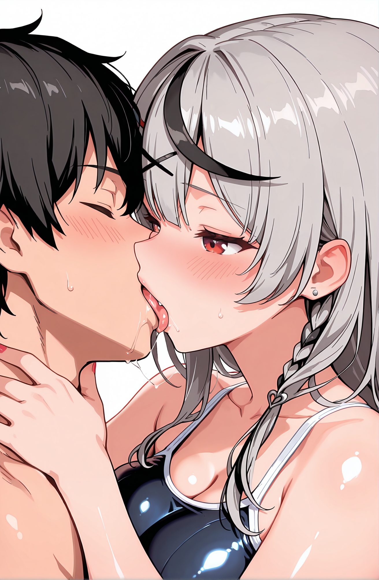 sensitive, questionable, 1girl, long_hair, breasts, blush, open_mouth, bangs, large_breasts, simple_background, black_hair, hair_ornament, red_eyes, 1boy, white_background, cleavage, jewelry, medium_breasts, collarbone, swimsuit, closed_eyes, upper_body, braid, hetero, grey_hair, heart, multicolored_hair, earrings, tongue, fang, shiny, virtual_youtuber, tongue_out, nail_polish, looking_at_another, streaked_hair, one-piece_swimsuit, saliva, piercing, school_swimsuit, x_hair_ornament, kiss, ear_piercing, red_nails, blue_one-piece_swimsuit, french_kiss, competition_school_swimsuit, sakamata_chloe, 長い髪, 赤面, 口開き, 前髪, 大きな胸, 黒髪, 髪飾り, 赤い目, ジュエリー, 中くらいの胸, 鎖骨, 水着, 灰髪, 多色髪, イヤリング, 光沢, バーチャルYouTuber, 舌出し, ワンピース水着, よだれ, 学校水着, 競泳用スクール水着, 沙花叉クロヱ