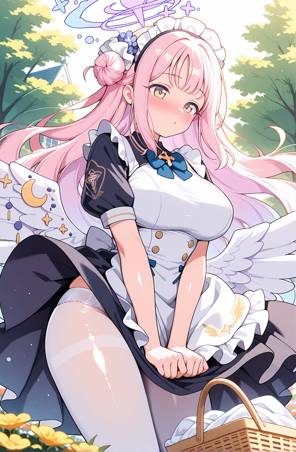 sensitive, 1girl, solo, long_hair, breasts, looking_at_viewer, blush, bangs, large_breasts, hair_ornament, dress, bow, very_long_hair, underwear, standing, panties, yellow_eyes, pink_hair, flower, short_sleeves, pantyhose, outdoors, frills, wings, alternate_costume, day, puffy_sleeves, hair_flower, bowtie, hair_bun, white_panties, apron, black_dress, tree, puffy_short_sleeves, maid, maid_headdress, halo, blue_bow, scrunchie, frilled_dress, crescent, wind, feathered_wings, panties_under_pantyhose, white_pantyhose, thighband_pantyhose, angel_wings, enmaided, white_wings, basket, blue_bowtie, wind_lift, single_side_bun, low_wings, dress_tug, mika_(blue_archive), 長い髪, 赤面, 前髪, 大きな胸, 髪飾り, ボウ, とても長い髪, 下着, パンツ, ピンク髪, パンスト, 髪の花, 髪団子, ミカ（ブルーアーカイブ）
