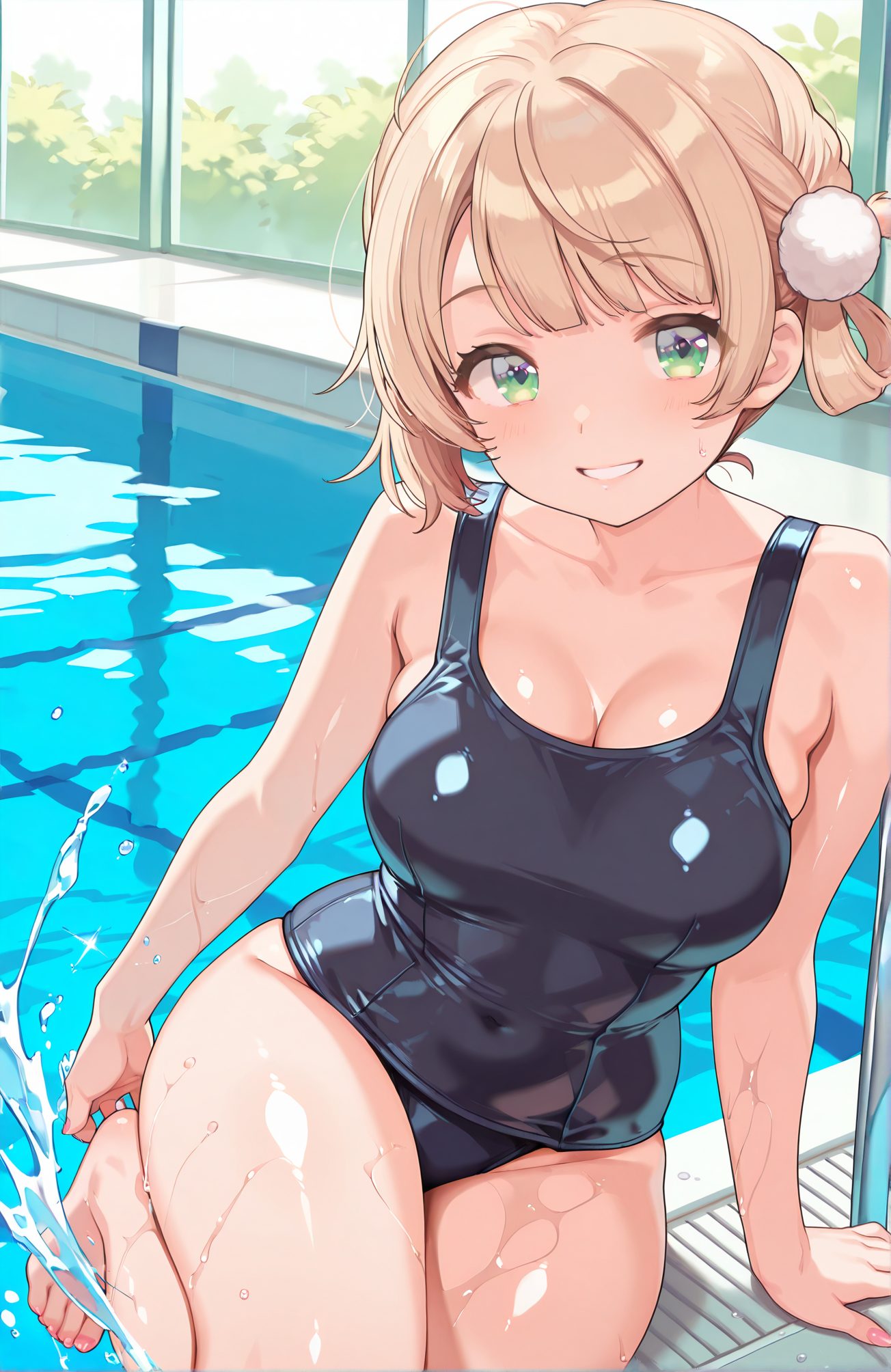 sensitive, 1girl, solo, breasts, looking_at_viewer, blush, smile, short_hair, bangs, blonde_hair, large_breasts, hair_ornament, cleavage, bare_shoulders, twintails, sitting, green_eyes, collarbone, swimsuit, braid, thighs, barefoot, shiny, indoors, virtual_youtuber, water, grin, wet, one-piece_swimsuit, covered_navel, school_swimsuit, light_brown_hair, pom_pom_(clothes), hair_rings, shiny_clothes, blue_one-piece_swimsuit, pool, official_alternate_hairstyle, poolside, pom_pom_hair_ornament, 赤面, 笑顔, 短い髪, 前髪, 金髪, 大きな胸, 髪飾り, 肩出し, ツインテール, 座り, 緑の目, 鎖骨, 水着, 光沢, バーチャルYouTuber, ワンピース水着, 学校水着, しぐれうい