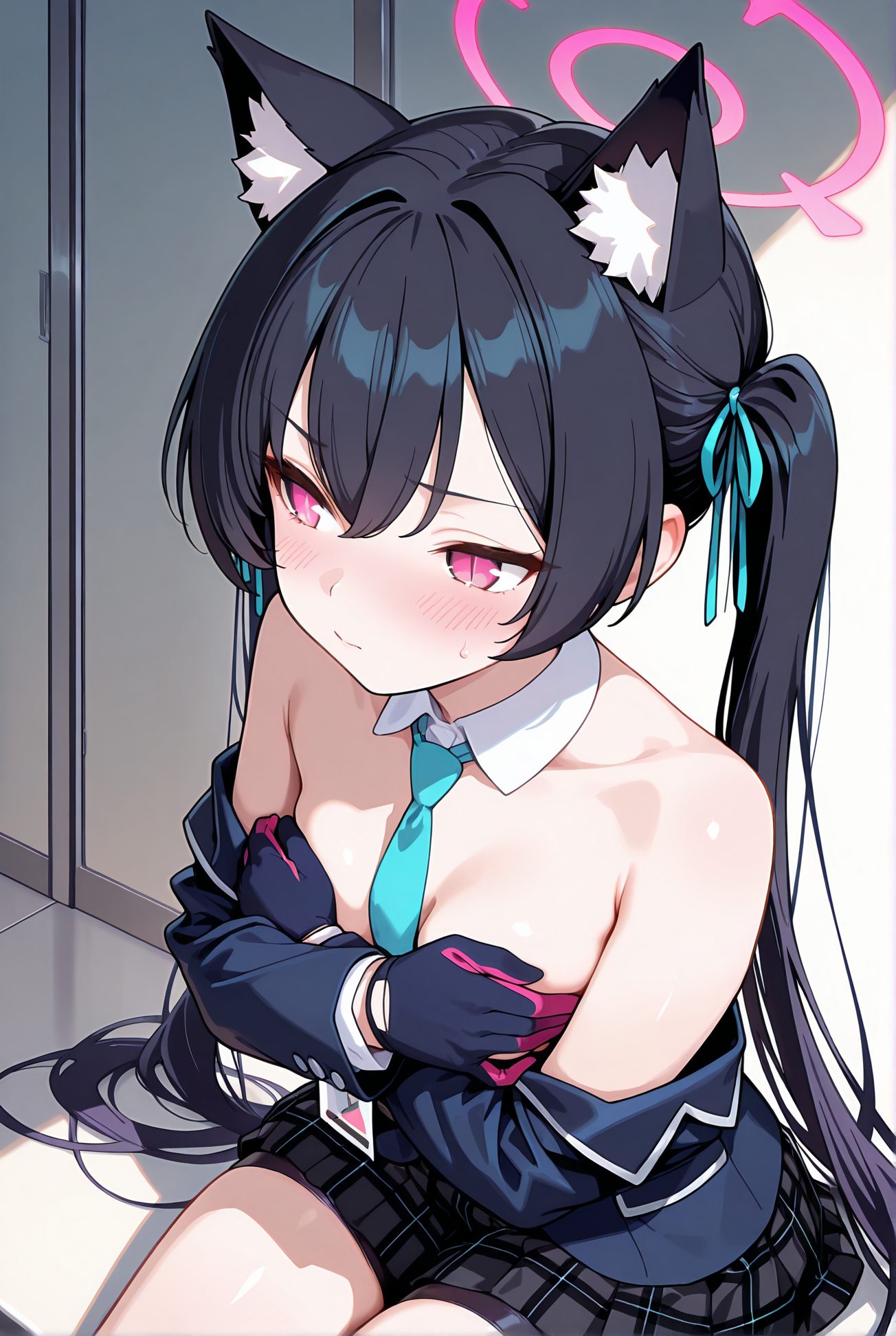 kuromi serika, sensitive, 1girl, solo, long_hair, breasts, blush, bangs, skirt, black_hair, red_eyes, gloves, long_sleeves, ribbon, animal_ears, cleavage, bare_shoulders, twintails, sitting, very_long_hair, closed_mouth, collarbone, jacket, hair_ribbon, sweat, pleated_skirt, small_breasts, necktie, black_gloves, cat_ears, black_skirt, pink_eyes, off_shoulder, animal_ear_fluff, plaid, detached_collar, embarrassed, halo, plaid_skirt, looking_away, blue_jacket, covering, blue_necktie, covering_breasts, 長い髪, 赤面, 前髪, スカート, 黒髪, 赤い目, 手袋, リボン, 動物耳, 肩出し, ツインテール, 座り, とても長い髪, 口閉じ, 鎖骨, 髪リボン, 汗, 小さな胸, 黒手袋, ok