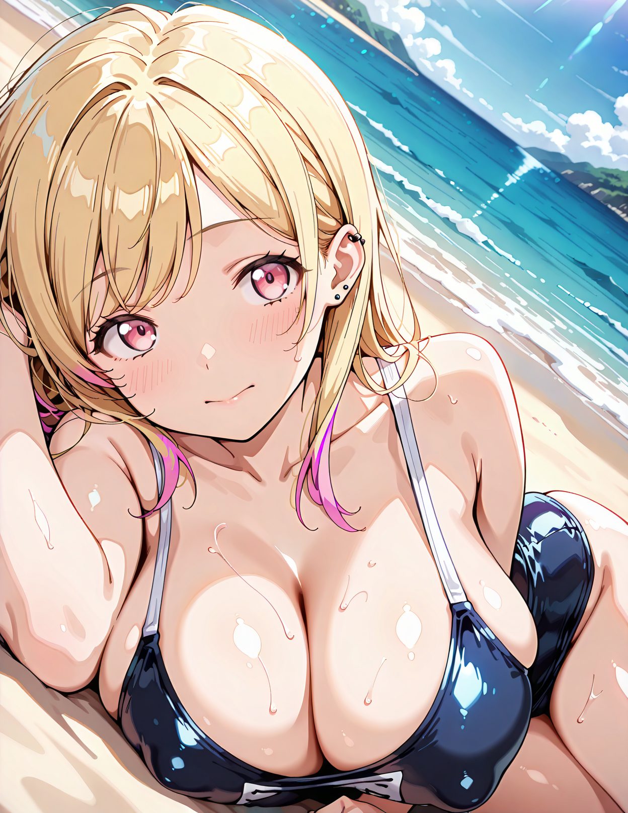 sensitive, questionable, 1girl, solo, long_hair, breasts, looking_at_viewer, blush, bangs, blonde_hair, large_breasts, cleavage, bare_shoulders, jewelry, closed_mouth, collarbone, swimsuit, pink_hair, multicolored_hair, sweat, earrings, outdoors, lying, sky, day, shiny, cloud, pink_eyes, water, covered_nipples, two-tone_hair, blue_sky, wet, one-piece_swimsuit, shiny_skin, dutch_angle, gradient_hair, skindentation, ocean, on_side, beach, piercing, sunlight, school_swimsuit, ear_piercing, shiny_clothes, blue_one-piece_swimsuit, horizon, stud_earrings, competition_school_swimsuit, barbell_piercing, multiple_piercings, industrial_piercing, kitagawa_marin, 赤面, 恥じらい, 胸チラ, 汗, 水着, 巨乳, ぱっつん, ワンピース, スクール水着, 喜多川海夢, その着せ替え人形は恋をする, 長い髪, 前髪, 金髪, 大きな胸, 肩出し, ジュエリー, 口閉じ, 鎖骨, ピンク髪, 多色髪, イヤリング, 横たわり, 光沢, ワンピース水着, 光沢肌, 学校水着, 競泳用スクール水着, Posted, 喜多川海夢_posted