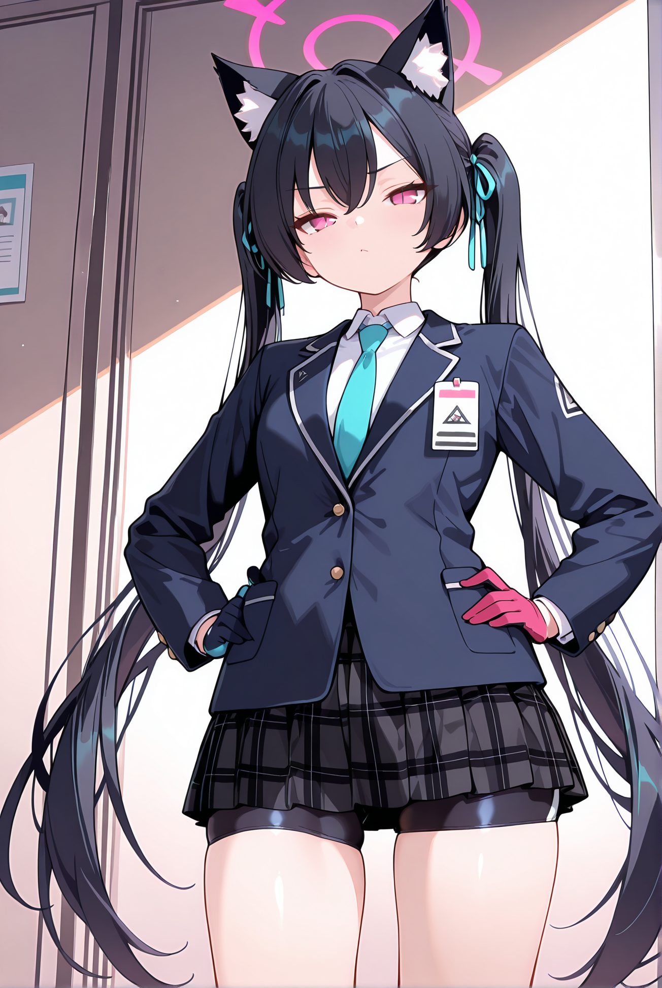 kuromi serika, general, sensitive, 1girl, solo, long_hair, looking_at_viewer, blush, bangs, skirt, shirt, black_hair, red_eyes, gloves, long_sleeves, ribbon, animal_ears, twintails, very_long_hair, closed_mouth, school_uniform, standing, jacket, hair_ribbon, white_shirt, thighs, cowboy_shot, pleated_skirt, necktie, shorts, collared_shirt, cat_ears, miniskirt, pink_eyes, animal_ear_fluff, plaid, frown, halo, plaid_skirt, black_shorts, blazer, blue_ribbon, blue_jacket, bike_shorts, hands_on_hips, blue_necktie, id_card, shorts_under_skirt, bike_shorts_under_skirt, 長い髪, 赤面, 前髪, スカート, シャツ, 黒髪, 赤い目, 手袋, リボン, 動物耳, ツインテール, とても長い髪, 口閉じ, 学校制服, 髪リボン, 白シャツ, ミニスカート, バイクショーツ（スパッツ）, ok