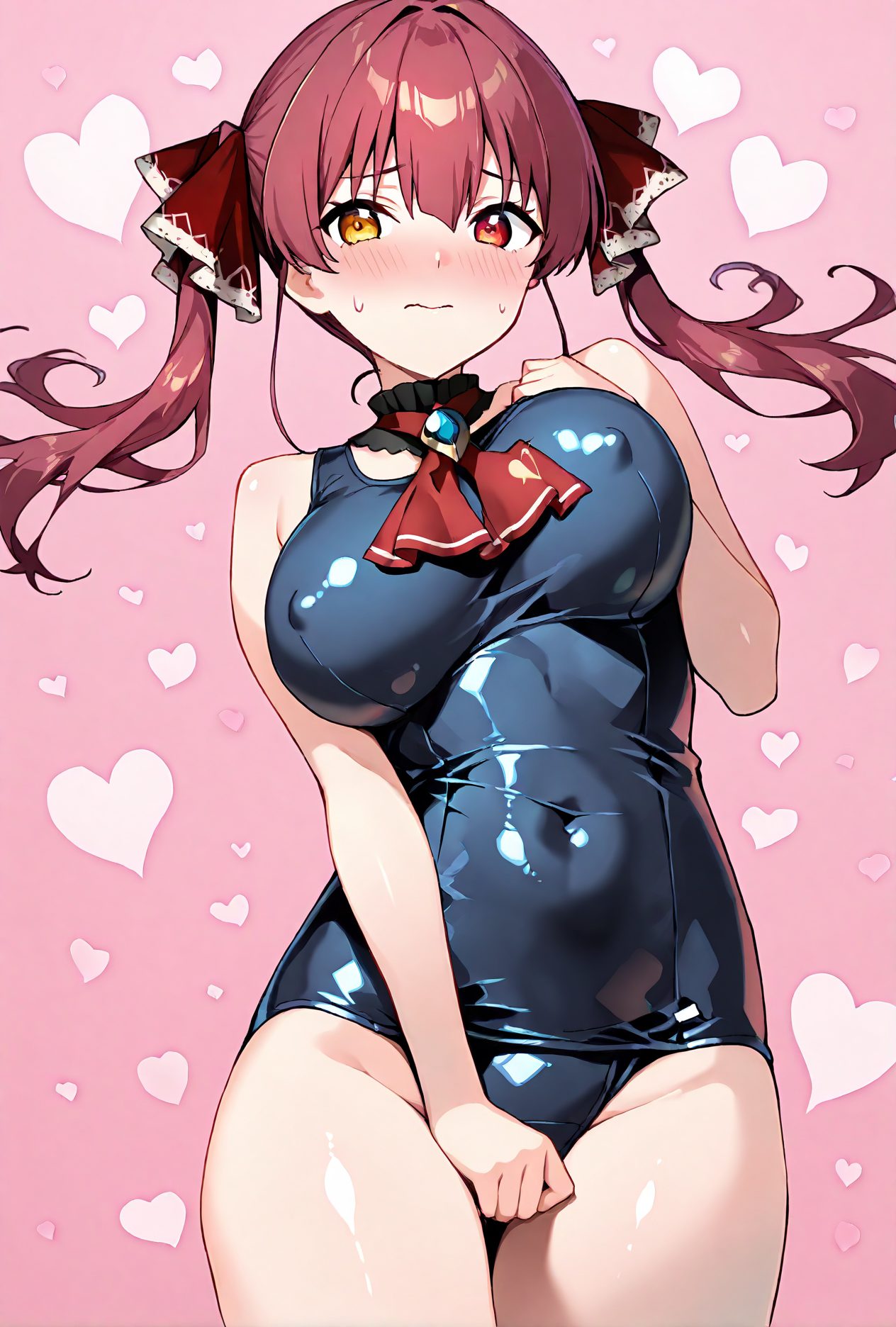 1girl, houshou marine, solo, virtual youtuber, breasts, swimsuit, heterochromia, red eyes, twintails, large breasts, yellow eyes, blush, covered navel, red hair, heart, one-piece swimsuit, red ascot, long hair, looking at viewer, ascot, ribbon, covered nipples, school swimsuit, arrow through heart, heart background, pink background, closed mouth, hair ribbon, red ribbon, bangs, shiny, hand on own chest, shiny clothes, brooch, covering crotch, bare shoulders, blue one-piece swimsuit, bare arms, cowboy shot, sweatdrop, covering, thighs, shiny skin, 赤面, 恥じらい, ツインテール, 赤髪, 乳首チラ, 裸足, 水着, 赤目, ロングヘア, 巨乳, 光沢, ぱっつん, ワンピース, テカリ, アングル, スクール水着, ホロライブ, 宝鐘マリン, Posted, 巨乳_posted, バーチャルYouTuber, 赤い目, 大きな胸, ワンピース水着, 長い髪, リボン, 学校水着, 口閉じ, 髪リボン, 赤リボン, 前髪, 肩出し, 汗滴, 光沢肌
