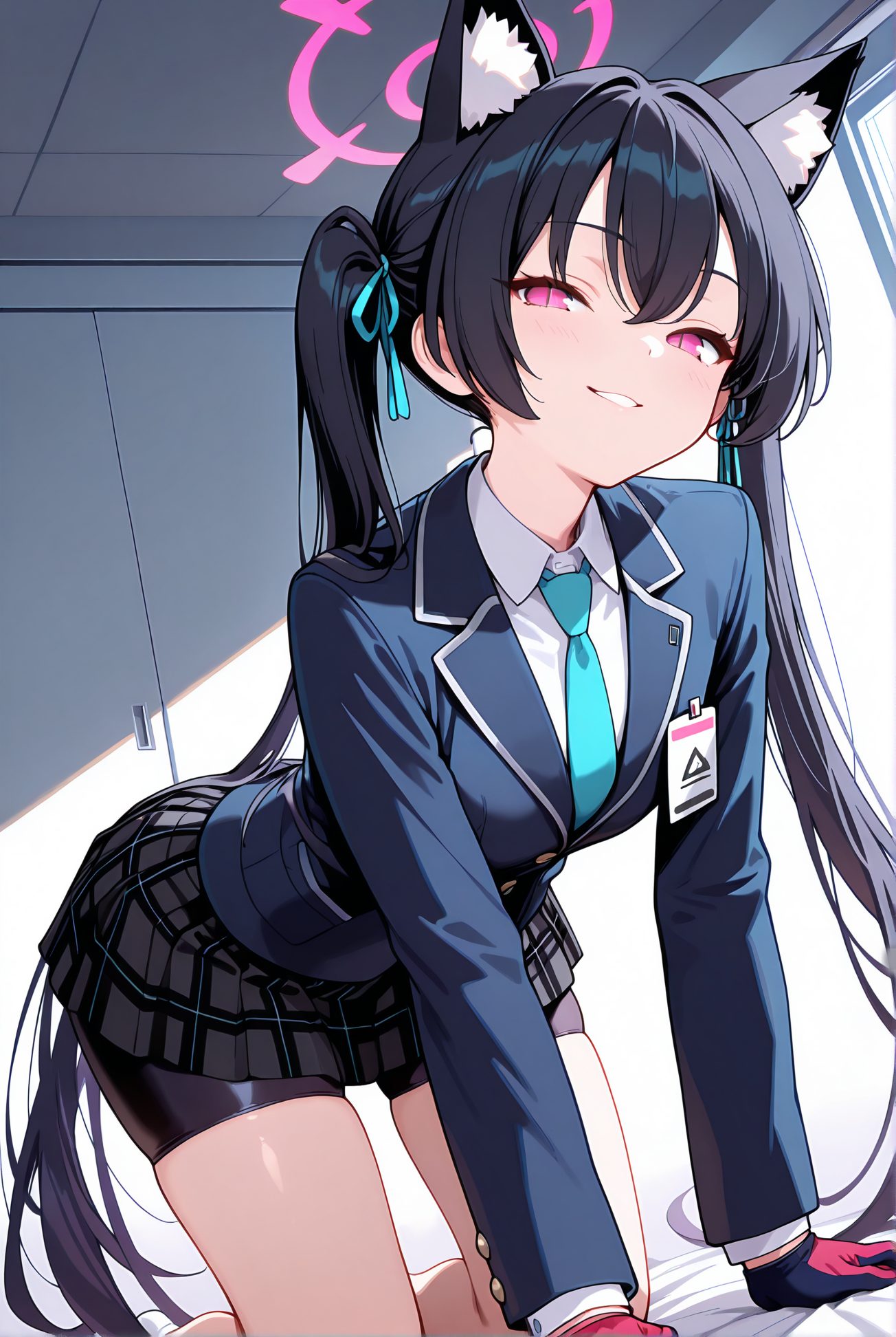 kuromi serika, sensitive, 1girl, solo, long_hair, looking_at_viewer, blush, smile, bangs, skirt, shirt, black_hair, gloves, long_sleeves, ribbon, animal_ears, twintails, very_long_hair, school_uniform, jacket, hair_ribbon, white_shirt, thighs, pleated_skirt, parted_lips, necktie, shorts, black_gloves, collared_shirt, indoors, cat_ears, miniskirt, pink_eyes, grin, animal_ear_fluff, plaid, halo, plaid_skirt, black_shorts, blazer, all_fours, blue_jacket, bike_shorts, extra_ears, blue_necktie, id_card, shorts_under_skirt, bike_shorts_under_skirt, 長い髪, 赤面, 笑顔, 前髪, スカート, シャツ, 黒髪, 手袋, リボン, 動物耳, ツインテール, とても長い髪, 学校制服, 髪リボン, 白シャツ, 黒手袋, ミニスカート, 四つん這い, バイクショーツ（スパッツ）, ok, Posted