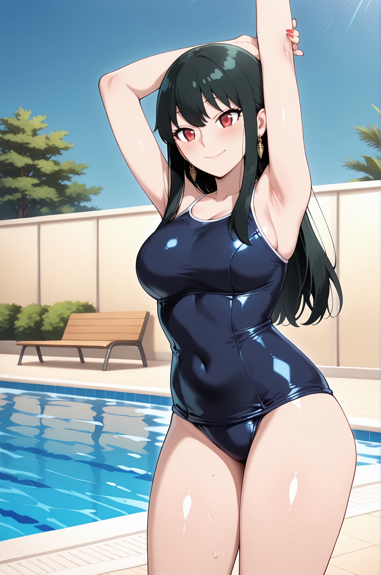 sensitive, 1girl, solo, long_hair, breasts, looking_at_viewer, blush, smile, bangs, large_breasts, black_hair, red_eyes, jewelry, closed_mouth, collarbone, swimsuit, sidelocks, thighs, cowboy_shot, hairband, earrings, outdoors, sky, day, shiny, armpits, water, arms_up, tree, blue_sky, wet, one-piece_swimsuit, covered_navel, skindentation, school_swimsuit, straight_hair, shiny_clothes, blue_one-piece_swimsuit, taut_clothes, pool, poolside, competition_school_swimsuit, pool_ladder, gold_earrings, gold_hairband, yor_briar, 長い髪, 赤面, 笑顔, 前髪, 大きな胸, 黒髪, 赤い目, ジュエリー, 口閉じ, 鎖骨, 水着, サイドロック, ヘアバンド, イヤリング, 光沢, ワンピース水着, 学校水着, 競泳用スクール水着, ヨル・ブライア