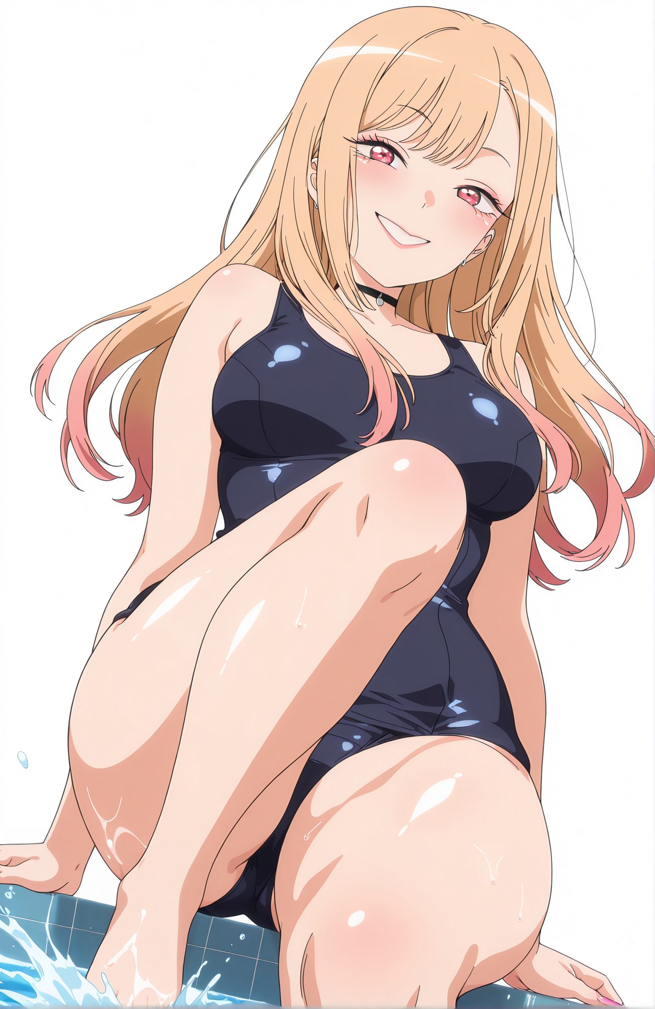 sensitive, 1girl, solo, long_hair, breasts, looking_at_viewer, blush, smile, bangs, blonde_hair, large_breasts, simple_background, red_eyes, white_background, medium_breasts, sitting, swimsuit, pink_hair, thighs, multicolored_hair, choker, shiny, water, grin, wet, one-piece_swimsuit, gradient_hair, black_choker, piercing, school_swimsuit, pink_nails, black_one-piece_swimsuit, soaking_feet, poolside, kitagawa_marin, 長い髪, 赤面, 笑顔, 前髪, 金髪, 大きな胸, 赤い目, 中くらいの胸, 座り, 水着, ピンク髪, 多色髪, チョーカー, 光沢, ワンピース水着, 黒チョーカー, 学校水着, 喜多川海夢, Posted, 喜多川海夢_posted