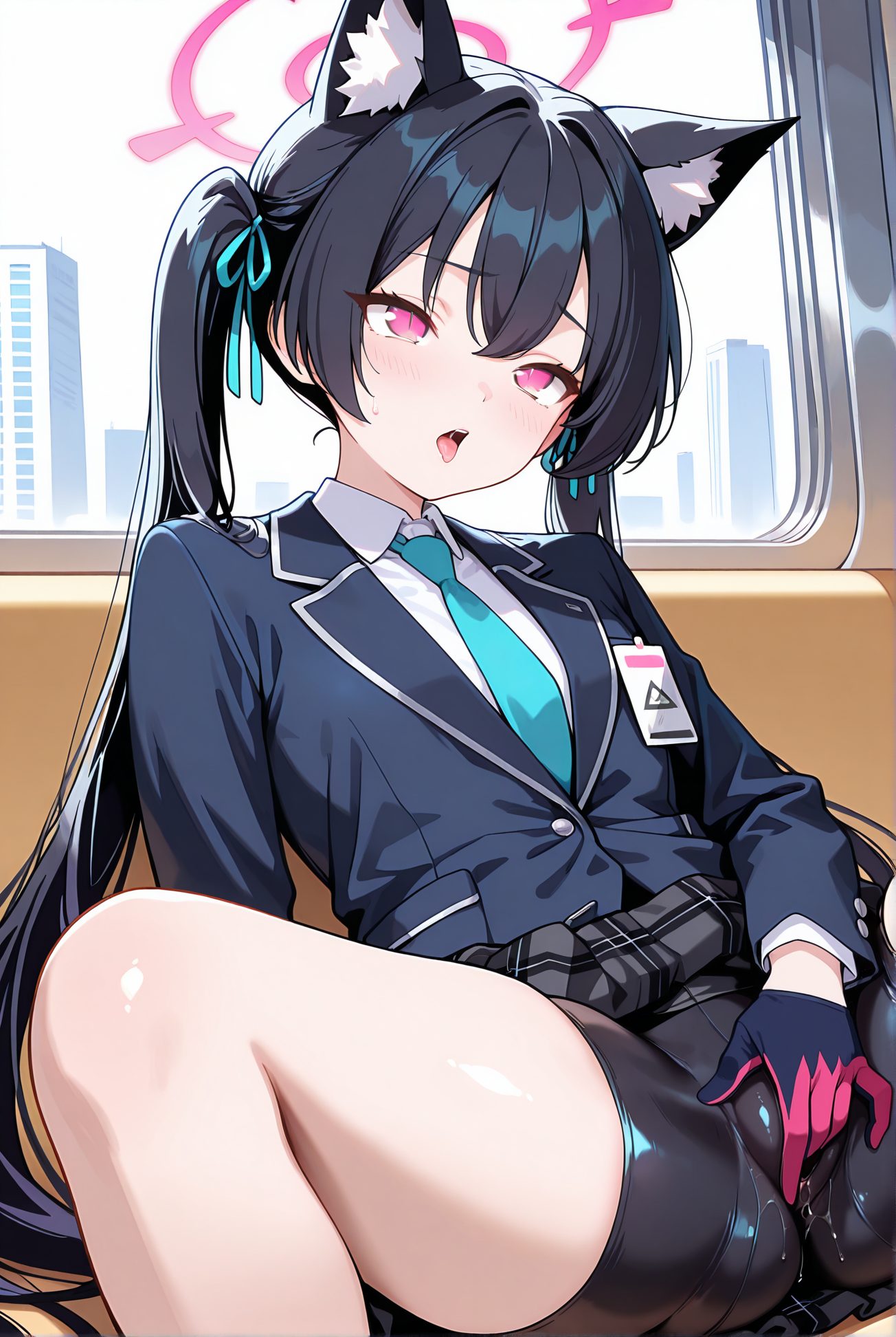kuromi serika, explicit, 1girl, solo, long_hair, blush, open_mouth, bangs, skirt, shirt, black_hair, gloves, long_sleeves, ribbon, animal_ears, twintails, sitting, very_long_hair, school_uniform, jacket, hair_ribbon, white_shirt, thighs, necktie, shorts, tongue, black_gloves, collared_shirt, cat_ears, spread_legs, tongue_out, pink_eyes, clothes_lift, animal_ear_fluff, plaid, pussy_juice, halo, plaid_skirt, black_shorts, skirt_lift, blue_ribbon, blue_jacket, bike_shorts, masturbation, fingering, female_masturbation, clothed_masturbation, through_clothes, masturbation_through_clothes, 長い髪, 赤面, 口開き, 前髪, スカート, シャツ, 黒髪, 手袋, リボン, 動物耳, ツインテール, 座り, とても長い髪, 学校制服, 髪リボン, 白シャツ, 黒手袋, 脚開き, 舌出し, 衣服たくし上げ, 愛液, スカートたくし上げ, バイクショーツ（スパッツ）, オナニー, フィンガリング, 女性オナニー, ok, Posted