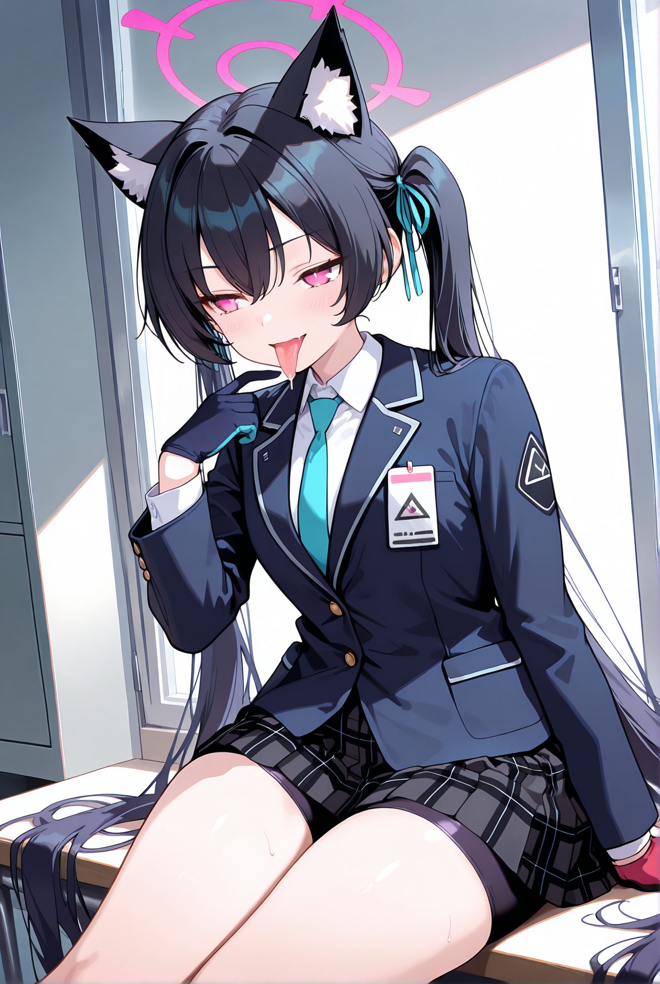 kuromi serika, sensitive, 1girl, solo, long_hair, blush, bangs, skirt, shirt, black_hair, gloves, long_sleeves, ribbon, animal_ears, twintails, sitting, very_long_hair, school_uniform, jacket, hair_ribbon, white_shirt, thighs, pleated_skirt, necktie, shorts, tongue, black_gloves, collared_shirt, indoors, cat_ears, tongue_out, miniskirt, pink_eyes, animal_ear_fluff, plaid, saliva, halo, plaid_skirt, black_shorts, blazer, blue_jacket, bike_shorts, extra_ears, desk, blue_necktie, saliva_trail, shorts_under_skirt, on_desk, bike_shorts_under_skirt, sitting_on_desk, 長い髪, 赤面, 前髪, スカート, シャツ, 黒髪, 手袋, リボン, 動物耳, ツインテール, 座り, とても長い髪, 学校制服, 髪リボン, 白シャツ, 黒手袋, 舌出し, ミニスカート, よだれ, バイクショーツ（スパッツ）, ok