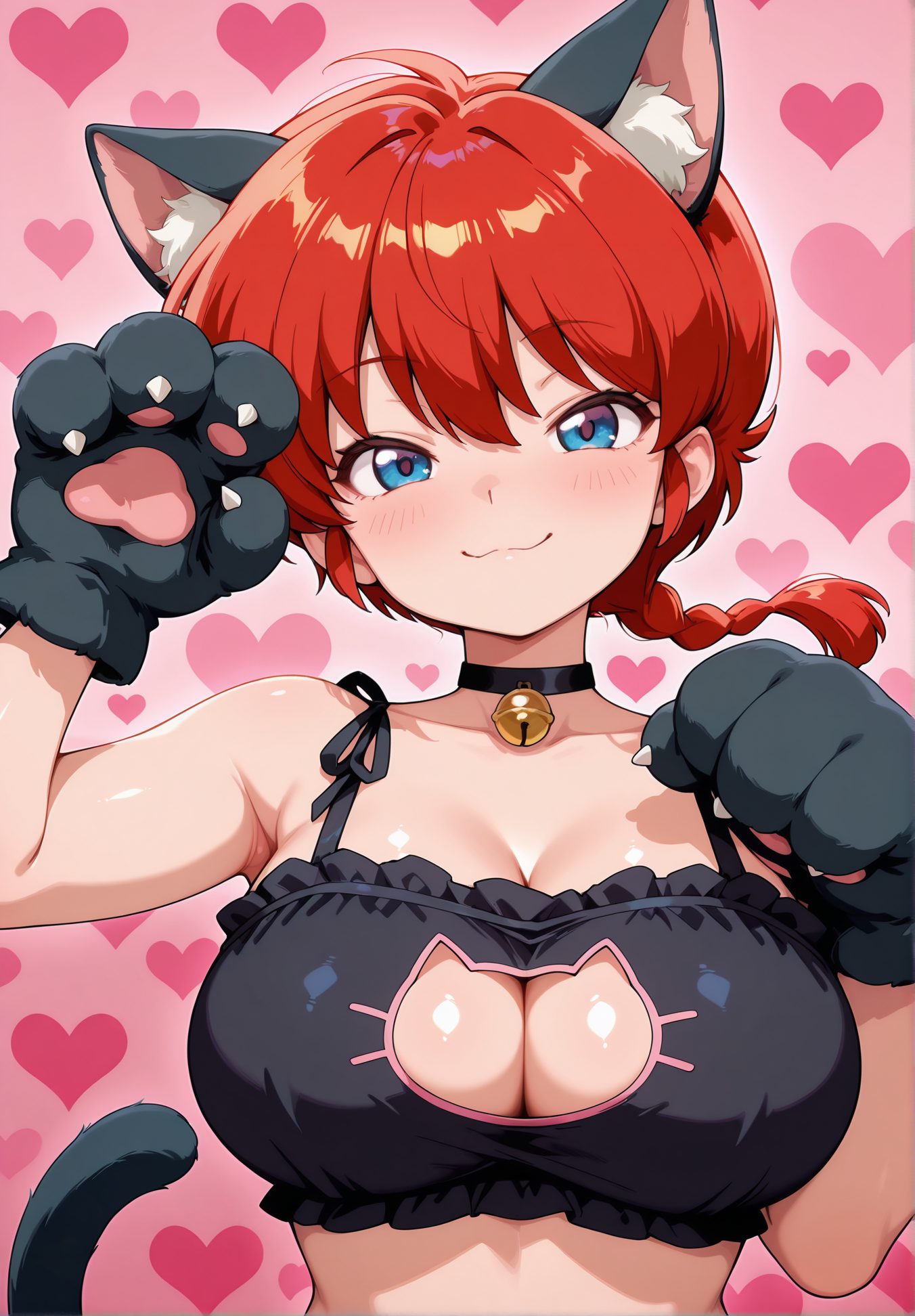 sensitive, 1girl, solo, breasts, looking_at_viewer, blush, smile, bangs, blue_eyes, large_breasts, gloves, animal_ears, cleavage, closed_mouth, underwear, collarbone, tail, upper_body, braid, heart, red_hair, frills, choker, cat_ears, bra, cat_tail, animal_ear_fluff, clothing_cutout, single_braid, bell, :3, black_choker, cleavage_cutout, pink_background, black_bra, jingle_bell, neck_bell, kemonomimi_mode, animal_hands, braided_ponytail, paw_pose, meme_attire, paw_gloves, frilled_bra, cat_cutout, cat_lingerie, heart_background, cat_paws, ranma-chan, ブラジャー, 下着, らんま1/2, フリル, 手袋, 巨乳, 胸チラ, うさ耳, ぱっつん, 獣耳, 赤面, 笑顔, 前髪, 青い目, 大きな胸, 動物耳, 口閉じ, 鎖骨, 赤髪, チョーカー, ブラ, 黒チョーカー, 猫ランジェリー, らんまちゃん（女らんま）, らんま_posted