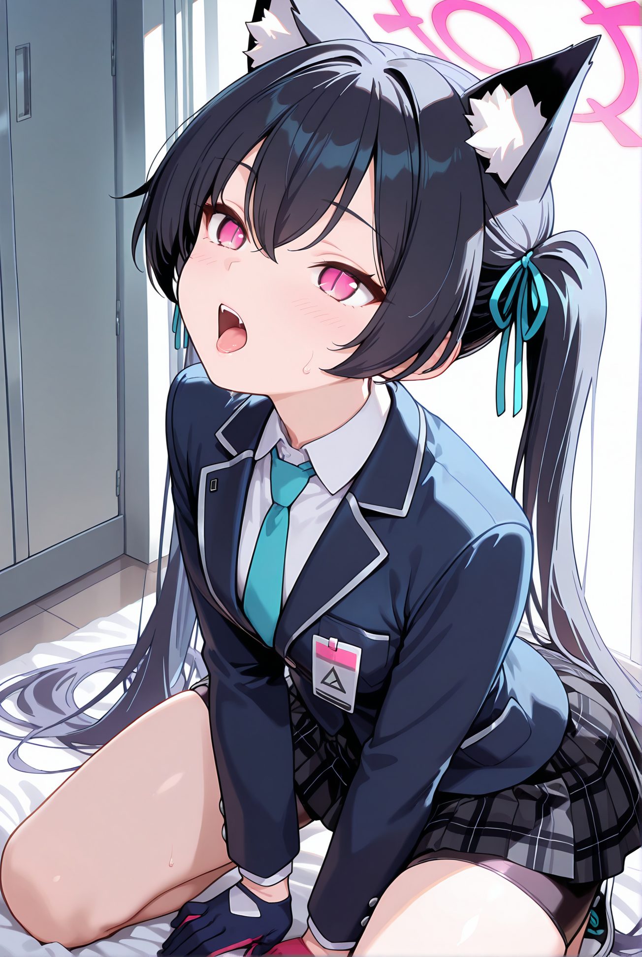 kuromi serika, sensitive, 1girl, solo, long_hair, blush, open_mouth, bangs, skirt, shirt, black_hair, red_eyes, gloves, long_sleeves, ribbon, animal_ears, hair_between_eyes, twintails, very_long_hair, school_uniform, jacket, hair_ribbon, white_shirt, thighs, sweat, pleated_skirt, necktie, shorts, tongue, black_gloves, fang, collared_shirt, indoors, cat_ears, tongue_out, pink_eyes, black_jacket, animal_ear_fluff, plaid, kneeling, halo, plaid_skirt, blazer, blue_ribbon, blue_jacket, bike_shorts, blue_necktie, shorts_under_skirt, bike_shorts_under_skirt, two-tone_gloves, 長い髪, 赤面, 口開き, 前髪, スカート, シャツ, 黒髪, 赤い目, 手袋, リボン, 動物耳, 目にかかる髪, ツインテール, とても長い髪, 学校制服, 髪リボン, 白シャツ, 汗, 黒手袋, 舌出し, バイクショーツ（スパッツ）, ok