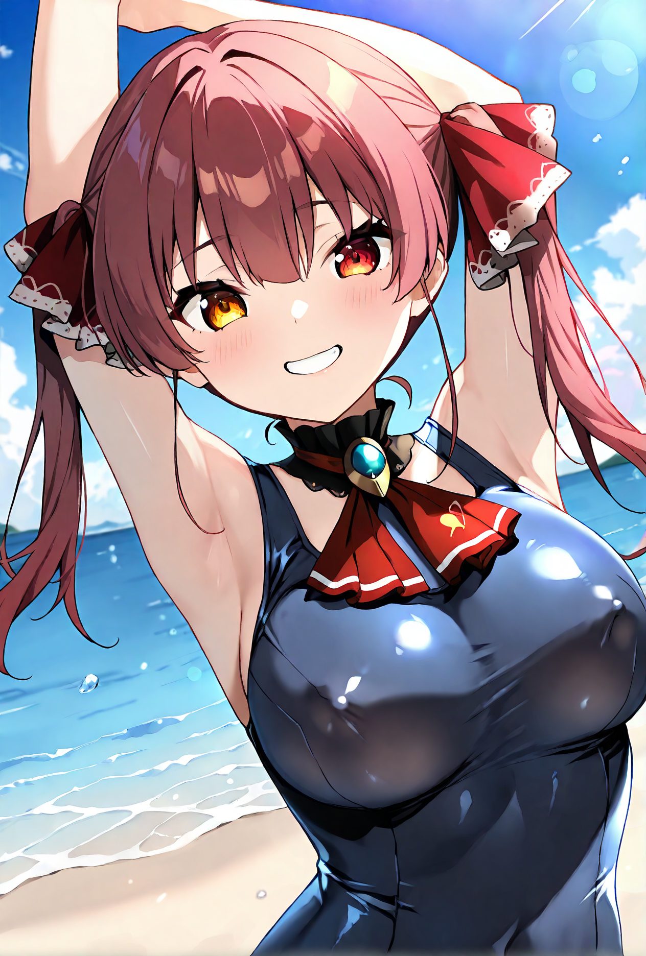 1girl, solo, breasts, houshou marine, virtual youtuber, smile, twintails, heterochromia, red eyes, red hair, swimsuit, yellow eyes, outdoors, looking at viewer, large breasts, beach, arms up, hair ribbon, red ascot, ribbon, one-piece swimsuit, armpits, red ribbon, day, ascot, long hair, sky, blush, grin, ocean, cloud, upper body, covered nipples, bangs, shiny, blue sky, shiny clothes, water, covered navel, sunlight, 赤面, 笑顔, ツインテール, 赤髪, 乳首チラ, 水着, 赤目, ロングヘア, 巨乳, ぱっつん, ワンピース, ホロライブ, 宝鐘マリン, バーチャルYouTuber, 赤い目, 大きな胸, 髪リボン, リボン, ワンピース水着, 赤リボン, 長い髪, 前髪, 光沢