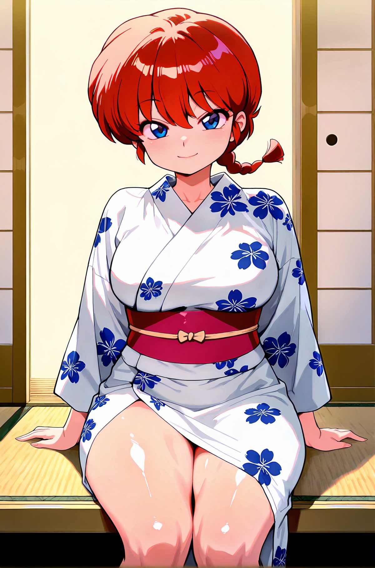 sensitive, 1girl, solo, long_hair, breasts, looking_at_viewer, smile, bangs, blue_eyes, large_breasts, long_sleeves, hair_between_eyes, sitting, closed_mouth, braid, thighs, red_hair, japanese_clothes, shiny, indoors, signature, kimono, shiny_hair, shiny_skin, sash, single_braid, feet_out_of_frame, arm_support, obi, floral_print, braided_ponytail, yukata, white_kimono, tatami, print_kimono, sliding_doors, shouji, ranma-chan, 長い髪, 笑顔, 前髪, 青い目, 大きな胸, 目にかかる髪, 座り, 口閉じ, 赤髪, 和服, 光沢, 光沢肌, らんまちゃん（女らんま）, らんま_posted