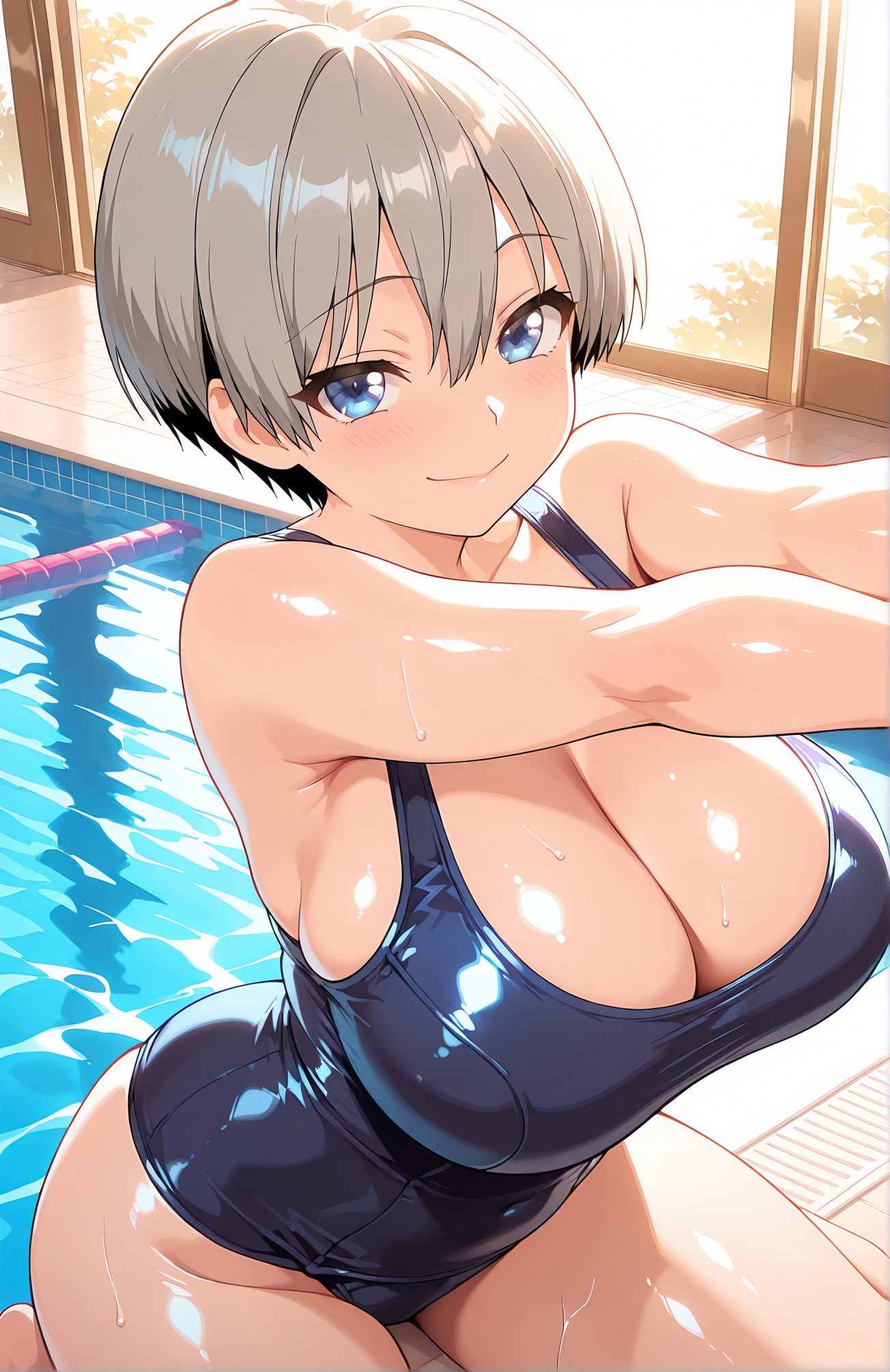 sensitive, 1girl, solo, breasts, looking_at_viewer, blush, smile, short_hair, bangs, blue_eyes, large_breasts, cleavage, hair_between_eyes, bare_shoulders, sitting, closed_mouth, swimsuit, grey_hair, thighs, barefoot, shiny, indoors, water, huge_breasts, shiny_hair, wet, one-piece_swimsuit, shiny_skin, covered_navel, skindentation, wariza, school_swimsuit, shiny_clothes, blue_one-piece_swimsuit, pool, poolside, pool_ladder, uzaki_hana, 赤面, 笑顔, 短い髪, 前髪, 青い目, 大きな胸, 目にかかる髪, 肩出し, 座り, 口閉じ, 水着, 灰髪, 光沢, 巨大な胸, ワンピース水着, 光沢肌, 学校水着, 宇崎花, 宇崎花_posted