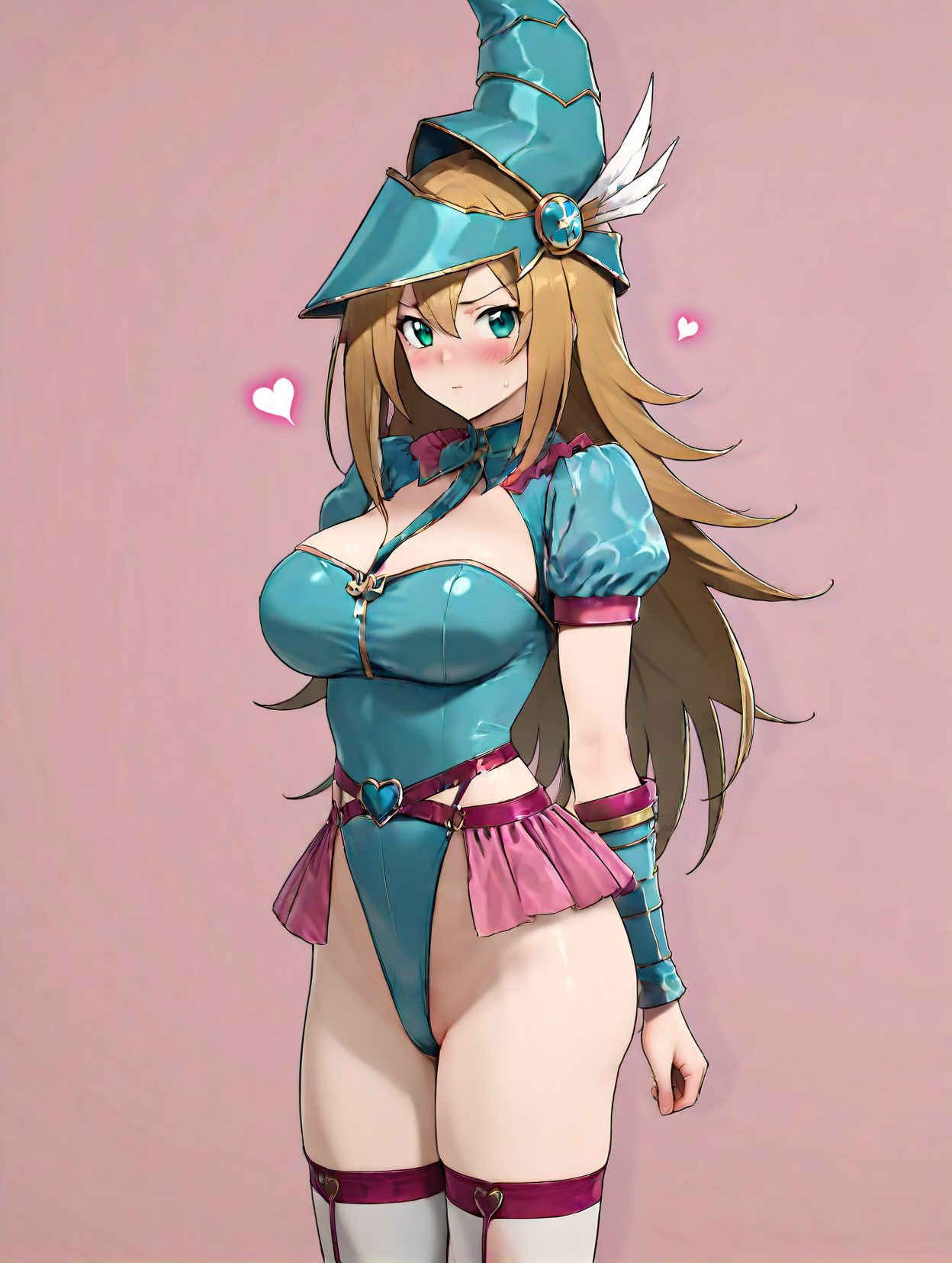 1girl, breasts, solo, long hair, leotard, large breasts, dark magician girl, highleg leotard, highleg, blush, short sleeves, sweatdrop, hat, adapted costume, heart, puffy sleeves, looking at viewer, closed mouth, simple background, thighhighs, cleavage, blue leotard, puffy short sleeves, duel monster, thighs, blonde hair, wizard hat, pink background, white thighhighs, brown hair, hair between eyes, bowtie, alternate costume, cowboy shot, blue headwear, thigh strap, bangs, shrug \(clothing\), green eyes, 赤面, 恥じらい, 胸チラ, 帽子, レオタード, ロングヘア, 巨乳, ぱっつん, 金髪, アングル, ハイグレ, ブラック・マジシャン・ガール, 遊戯王, 長い髪, 大きな胸, ハイレグレオタード, 汗滴, 口閉じ, 太ももハイソックス, 茶髪, 目にかかる髪, 前髪, 緑の目