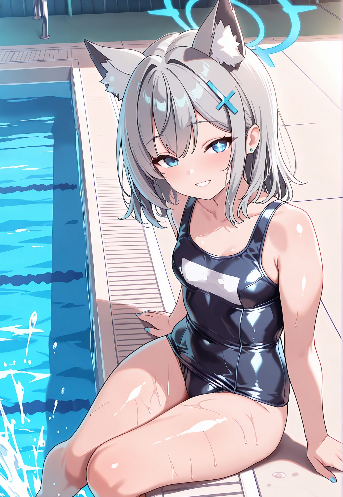 砂狼シロコが水着姿で微笑むAIイラスト