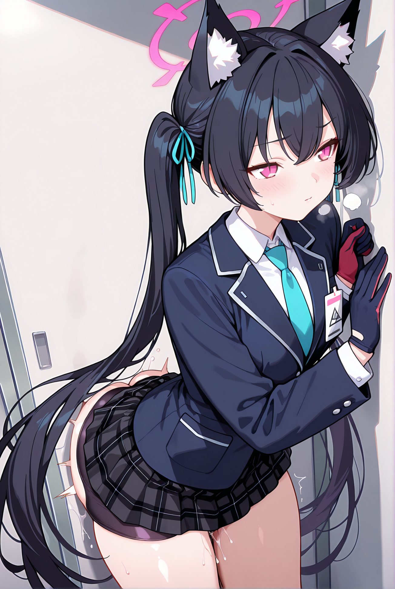 kuromi serika, explicit, 1girl, solo, long_hair, blush, bangs, skirt, shirt, black_hair, red_eyes, gloves, long_sleeves, ribbon, animal_ears, hair_between_eyes, twintails, very_long_hair, closed_mouth, school_uniform, standing, jacket, hair_ribbon, white_shirt, ass, thighs, cowboy_shot, sweat, pleated_skirt, necktie, black_gloves, collared_shirt, cat_ears, sex, miniskirt, black_skirt, pink_eyes, animal_ear_fluff, plaid, pussy_juice, leaning_forward, halo, plaid_skirt, black_shorts, skirt_lift, bent_over, blue_ribbon, sex_from_behind, blue_jacket, bike_shorts, breath, clothed_sex, against_wall, standing_sex, 長い髪, 赤面, 前髪, スカート, シャツ, 黒髪, 赤い目, 手袋, リボン, 動物耳, 目にかかる髪, ツインテール, とても長い髪, 口閉じ, 学校制服, 髪リボン, 白シャツ, 汗, 黒手袋, セックス, ミニスカート, 愛液, スカートたくし上げ, 後背位, バイクショーツ（スパッツ）, 着衣セックス, 立位セックス, 黒見セリカ_posted