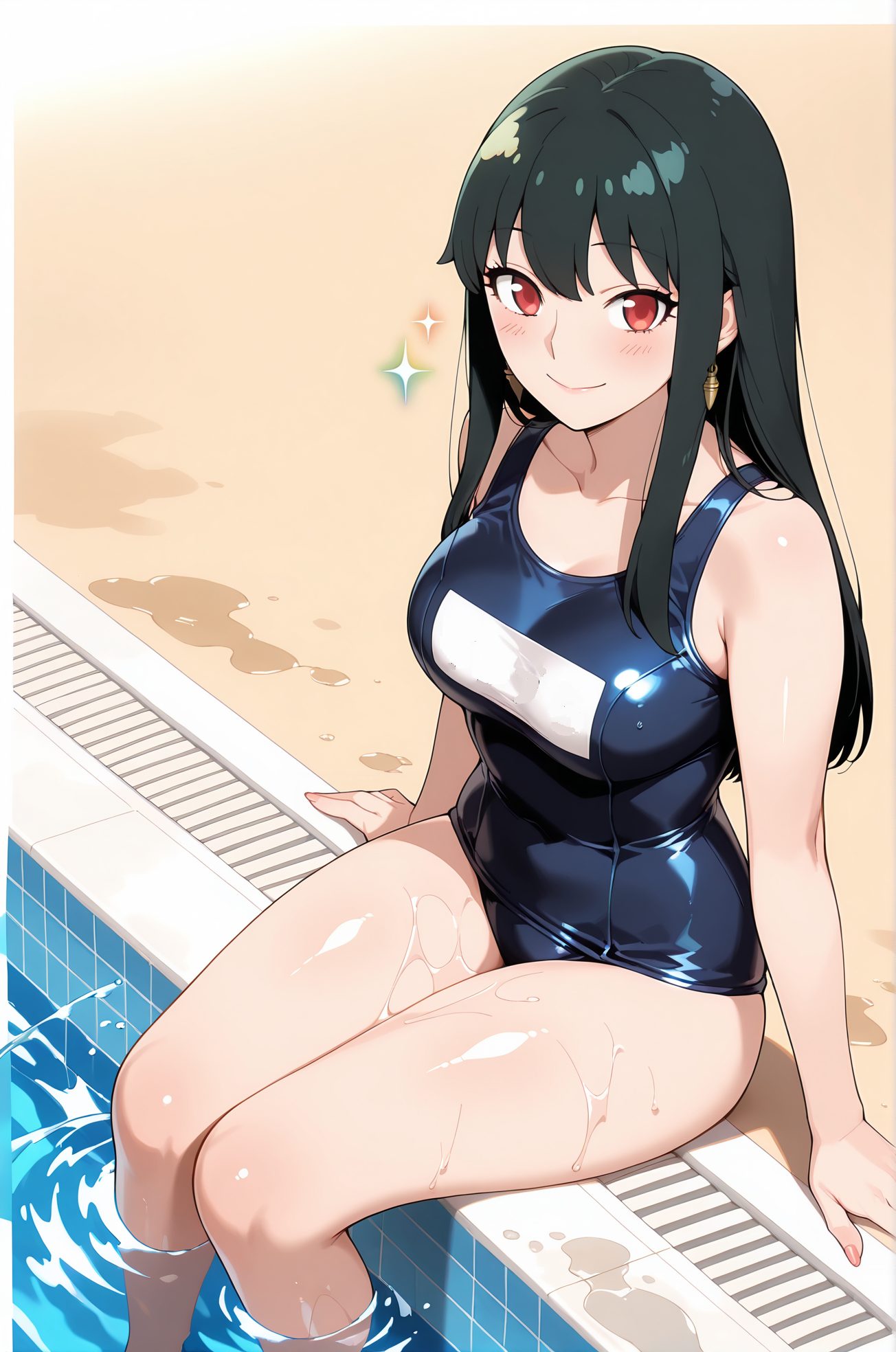 sensitive, 1girl, solo, long_hair, breasts, looking_at_viewer, blush, smile, bangs, large_breasts, black_hair, red_eyes, bare_shoulders, jewelry, sitting, closed_mouth, collarbone, swimsuit, sidelocks, thighs, hairband, earrings, shiny, water, wet, one-piece_swimsuit, bare_arms, sparkle, covered_navel, school_swimsuit, straight_hair, shiny_clothes, blue_one-piece_swimsuit, name_tag, pool, soaking_feet, poolside, yor_briar, 長い髪, 赤面, 笑顔, 前髪, 大きな胸, 黒髪, 赤い目, 肩出し, ジュエリー, 座り, 口閉じ, 鎖骨, 水着, サイドロック, ヘアバンド, イヤリング, 光沢, ワンピース水着, 学校水着, ヨル・ブライア