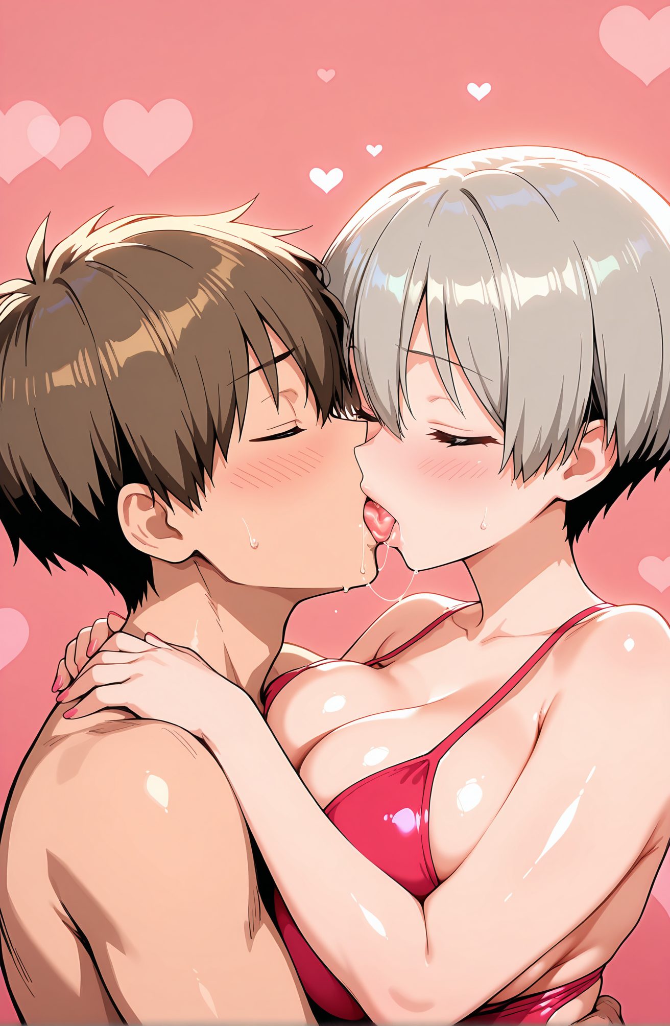 questionable, 1girl, breasts, blush, short_hair, bangs, large_breasts, brown_hair, 1boy, cleavage, bare_shoulders, collarbone, swimsuit, closed_eyes, upper_body, hetero, grey_hair, heart, bikini, sweat, tongue, shiny, tongue_out, saliva, pink_background, couple, kiss, breast_press, red_bikini, french_kiss, uzaki_hana, 赤面, 短い髪, 前髪, 大きな胸, 茶髪, 肩出し, 鎖骨, 水着, 灰髪, ビキニ, 汗, 光沢, 舌出し, よだれ, パイズリ, 宇崎花