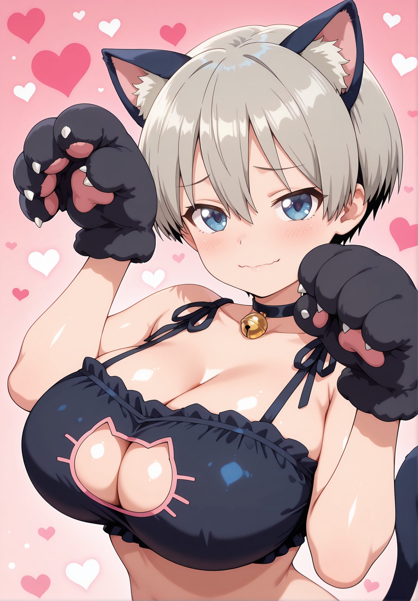 sensitive, 1girl, solo, breasts, looking_at_viewer, blush, smile, short_hair, bangs, blue_eyes, large_breasts, gloves, navel, animal_ears, cleavage, hair_between_eyes, bare_shoulders, closed_mouth, underwear, collarbone, tail, upper_body, grey_hair, heart, frills, choker, cat_ears, bra, cat_tail, animal_ear_fluff, clothing_cutout, bell, black_choker, wavy_mouth, cleavage_cutout, pink_background, black_bra, jingle_bell, neck_bell, animal_hands, paw_pose, meme_attire, paw_gloves, frilled_bra, cat_cutout, cat_lingerie, heart_background, cat_paws, uzaki_hana, 赤面, 笑顔, 短い髪, 前髪, 青い目, 大きな胸, 手袋, 動物耳, 目にかかる髪, 肩出し, 口閉じ, 下着, 鎖骨, 灰髪, チョーカー, ブラ, 黒チョーカー, 猫ランジェリー, 宇崎花