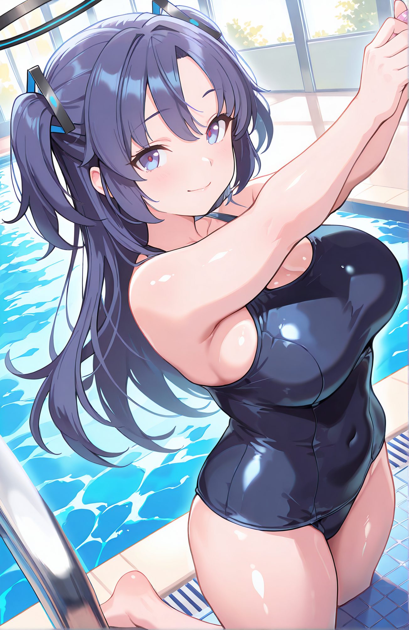 sensitive, 1girl, solo, long_hair, breasts, looking_at_viewer, blush, smile, bangs, blue_eyes, large_breasts, cleavage, bare_shoulders, closed_mouth, swimsuit, purple_hair, thighs, barefoot, shiny, indoors, water, two_side_up, one-piece_swimsuit, parted_bangs, bare_arms, covered_navel, halo, school_swimsuit, shiny_clothes, black_one-piece_swimsuit, pool, stretching, pool_ladder, yuuka_(blue_archive), 長い髪, 赤面, 笑顔, 前髪, 青い目, 大きな胸, 肩出し, 口閉じ, 水着, 紫髪, 光沢, 両側アップ, ワンピース水着, 学校水着, ユウカ（ブルーアーカイブ）