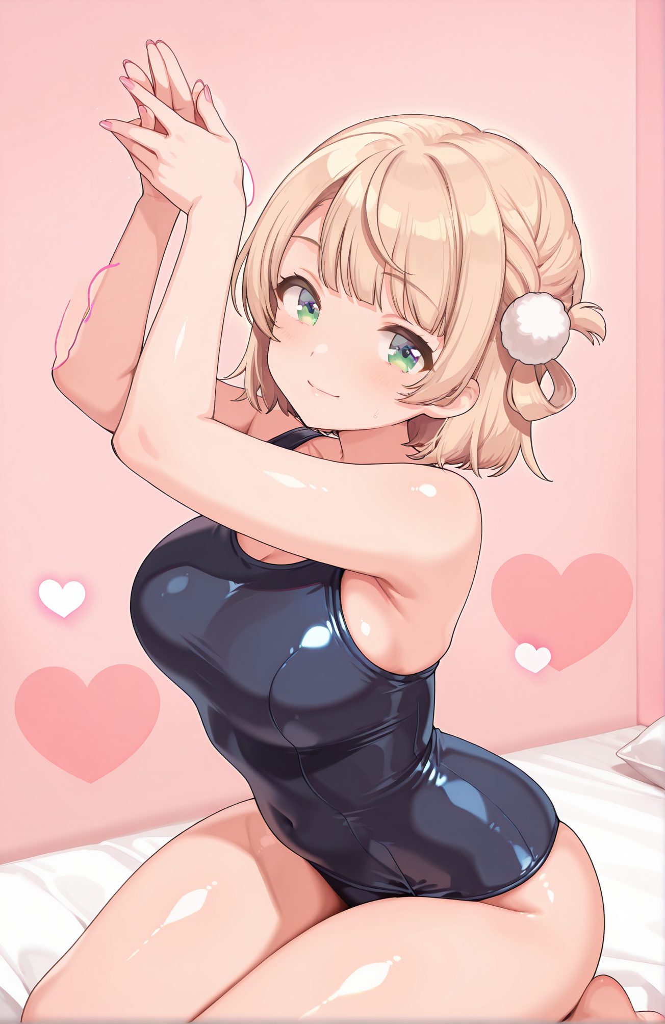 sensitive, 1girl, solo, breasts, looking_at_viewer, blush, smile, short_hair, bangs, blonde_hair, large_breasts, hair_ornament, cleavage, bare_shoulders, sitting, closed_mouth, green_eyes, swimsuit, braid, heart, barefoot, virtual_youtuber, arms_up, one-piece_swimsuit, covered_navel, on_bed, school_swimsuit, light_brown_hair, pom_pom_(clothes), french_braid, seiza, hair_rings, shiny_clothes, blue_one-piece_swimsuit, black_one-piece_swimsuit, pom_pom_hair_ornament, 赤面, 笑顔, 短い髪, 前髪, 金髪, 大きな胸, 髪飾り, 肩出し, 座り, 口閉じ, 緑の目, 水着, バーチャルYouTuber, ワンピース水着, 学校水着, しぐれうい