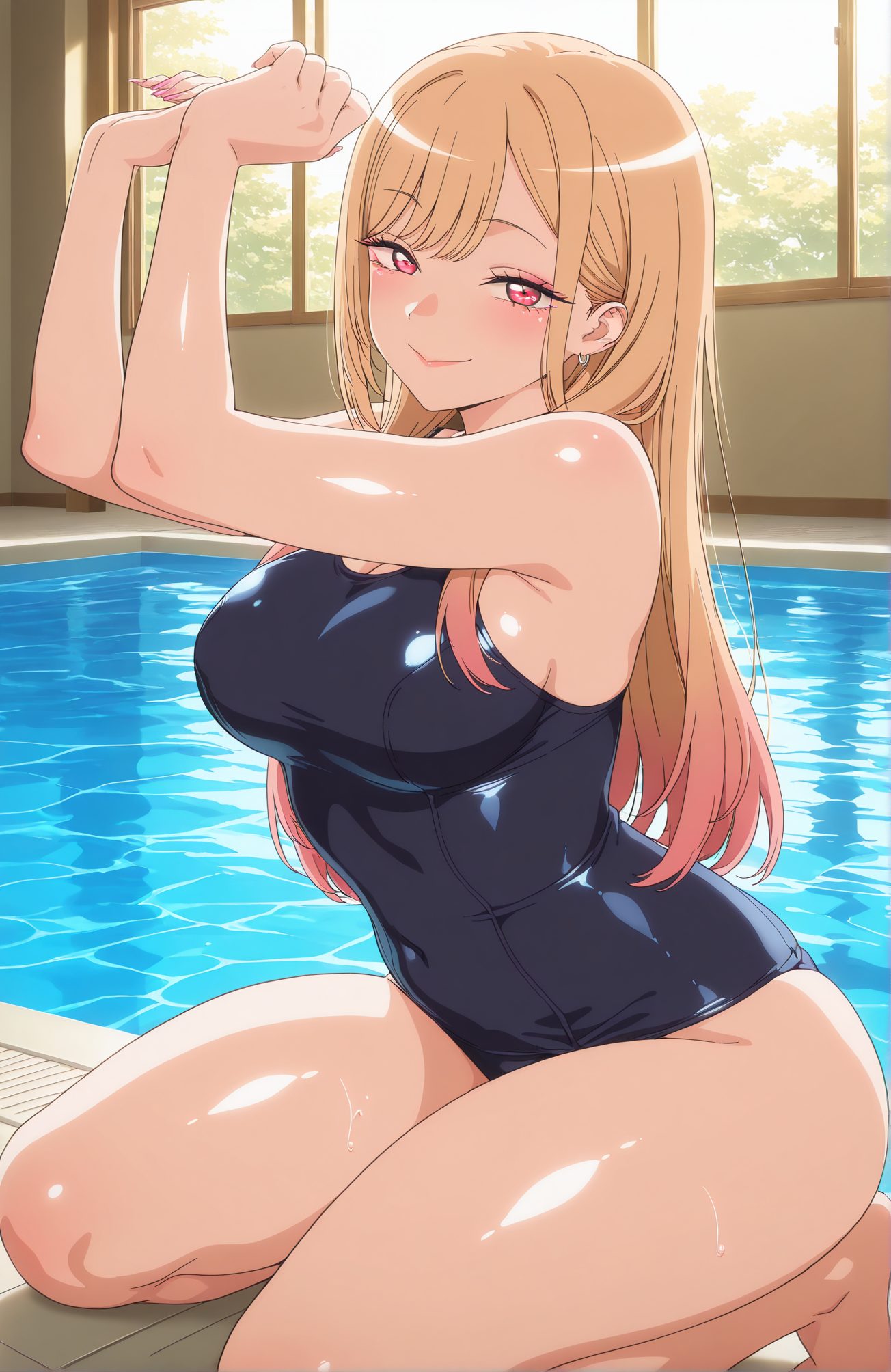 sensitive, 1girl, solo, long_hair, breasts, looking_at_viewer, blush, smile, bangs, blonde_hair, large_breasts, red_eyes, cleavage, bare_shoulders, jewelry, closed_mouth, swimsuit, thighs, multicolored_hair, earrings, shiny, indoors, water, arms_up, one-piece_swimsuit, shiny_skin, covered_navel, gradient_hair, piercing, school_swimsuit, ear_piercing, pink_nails, shiny_clothes, blue_one-piece_swimsuit, pool, stretching, poolside, kitagawa_marin, 長い髪, 赤面, 笑顔, 前髪, 金髪, 大きな胸, 赤い目, 肩出し, ジュエリー, 口閉じ, 水着, 多色髪, イヤリング, 光沢, ワンピース水着, 光沢肌, 学校水着, 喜多川海夢, Posted, 喜多川海夢_posted