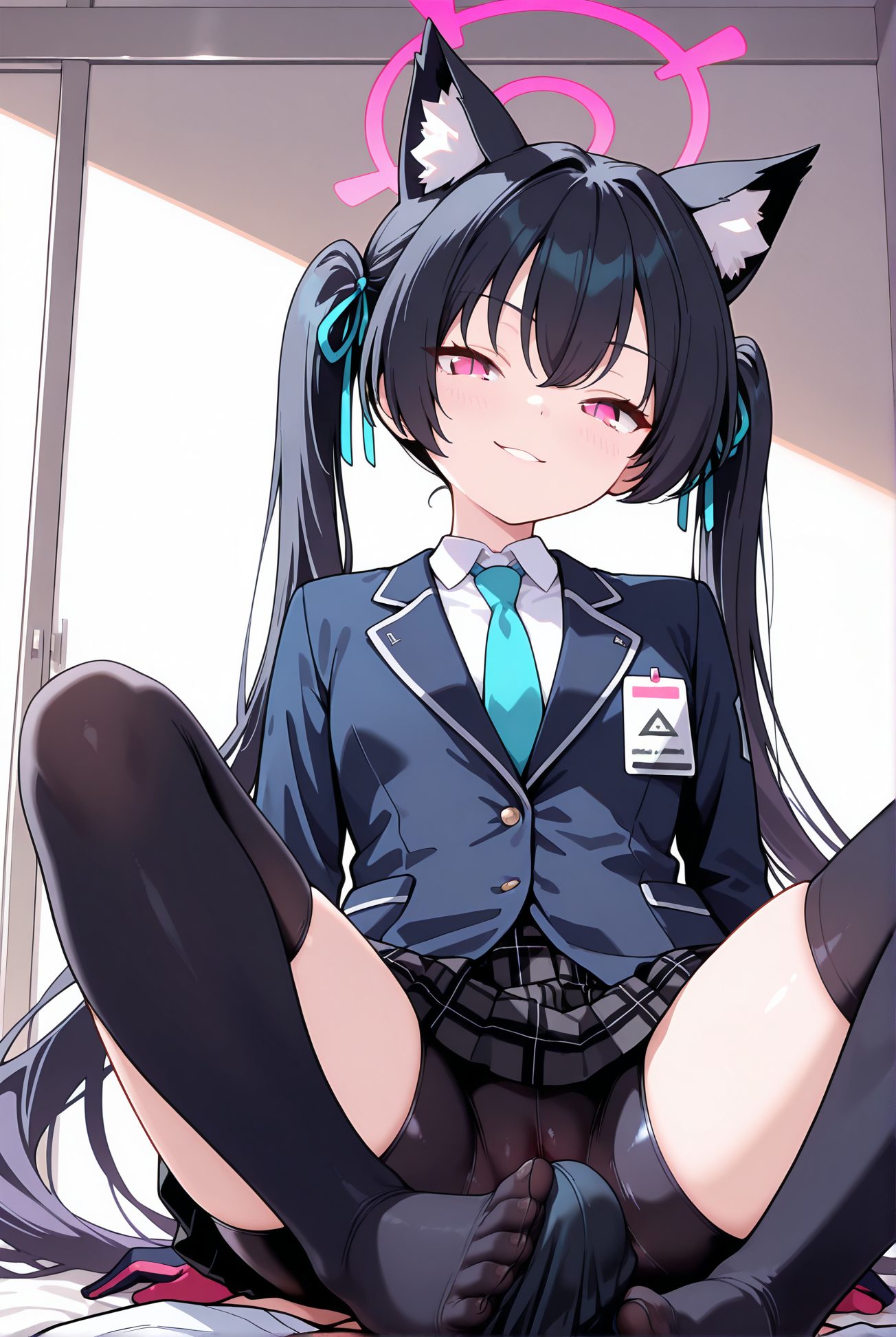 kuromi serika, questionable, explicit, 1girl, long_hair, looking_at_viewer, blush, smile, bangs, skirt, shirt, black_hair, red_eyes, thighhighs, gloves, long_sleeves, 1boy, ribbon, animal_ears, twintails, sitting, very_long_hair, school_uniform, jacket, hair_ribbon, white_shirt, hetero, thighs, pleated_skirt, necktie, penis, shorts, solo_focus, cat_ears, pink_eyes, grin, feet, animal_ear_fluff, legs, plaid, toes, cameltoe, pov, halo, plaid_skirt, no_shoes, black_shorts, erection, blazer, blue_jacket, bike_shorts, bulge, blue_necktie, shorts_under_skirt, erection_under_clothes, footjob, two-footed_footjob, 長い髪, 赤面, 笑顔, 前髪, スカート, シャツ, 黒髪, 赤い目, 太ももハイソックス, 手袋, リボン, 動物耳, ツインテール, 座り, とても長い髪, 学校制服, 髪リボン, 白シャツ, バイクショーツ（スパッツ）, 黒見セリカ_posted
