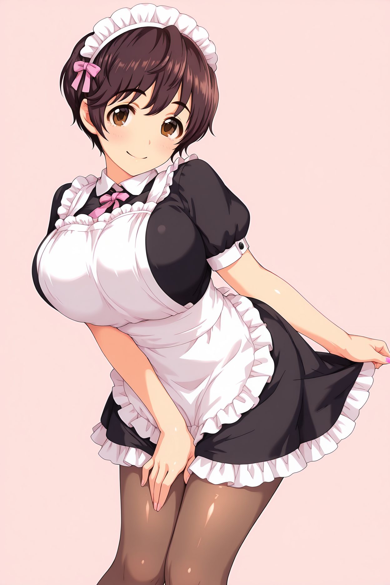 sensitive, 1girl, solo, breasts, looking_at_viewer, blush, smile, short_hair, bangs, large_breasts, simple_background, brown_hair, dress, bow, brown_eyes, closed_mouth, short_sleeves, pantyhose, frills, puffy_sleeves, apron, black_dress, puffy_short_sleeves, maid, maid_headdress, leaning_forward, pink_background, pink_bow, white_apron, maid_apron, frilled_apron, brown_pantyhose, oikawa_shizuku, 赤面, 笑顔, 短い髪, 前髪, 大きな胸, 茶髪, ボウ, 口閉じ, パンスト, 及川雫, ok