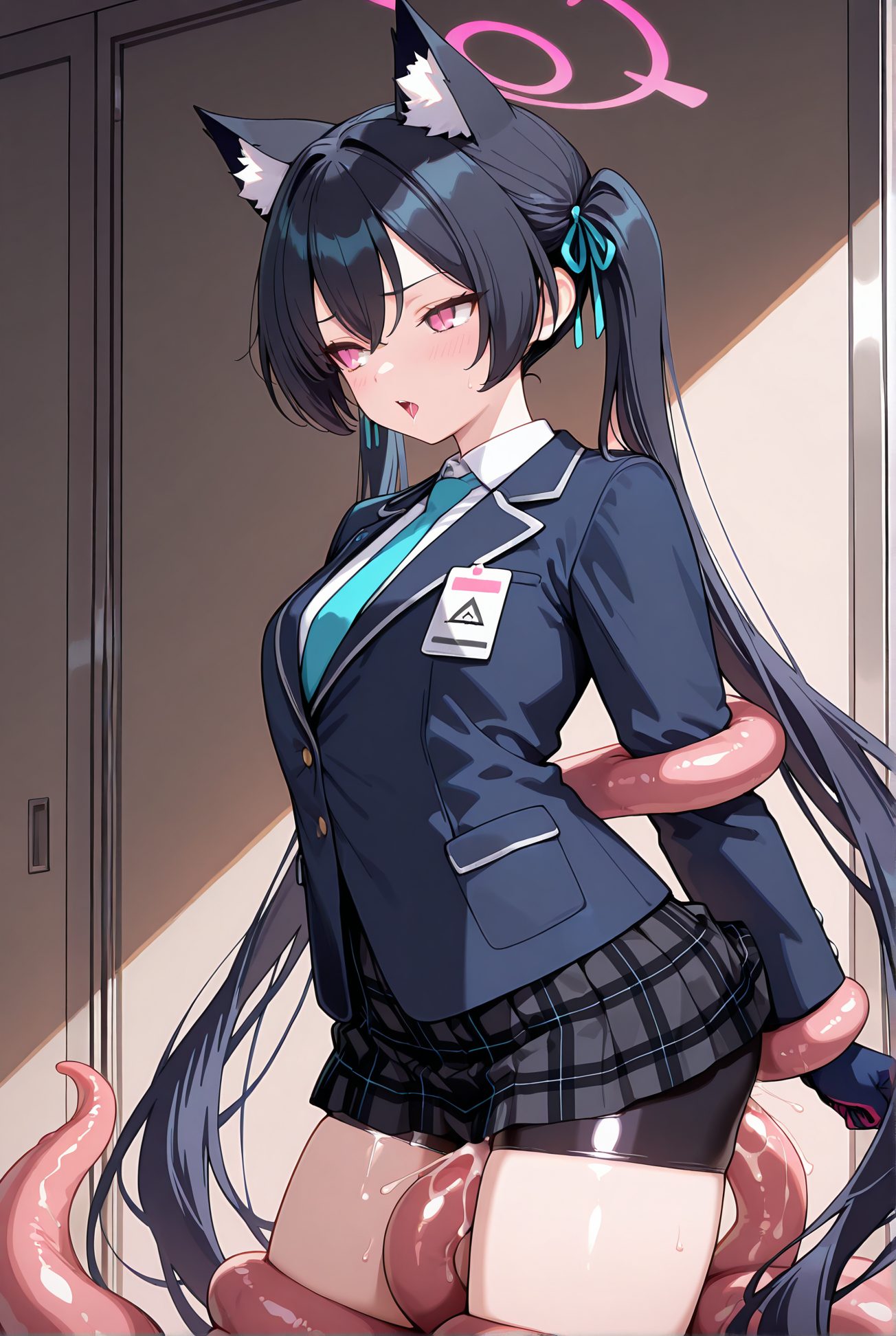 kuromi serika, explicit, 1girl, solo, long_hair, blush, open_mouth, bangs, skirt, shirt, black_hair, red_eyes, long_sleeves, ribbon, animal_ears, twintails, very_long_hair, school_uniform, jacket, hair_ribbon, white_shirt, thighs, cowboy_shot, pleated_skirt, necktie, collared_shirt, cat_ears, miniskirt, animal_ear_fluff, plaid, pussy_juice, halo, plaid_skirt, arms_behind_back, black_shorts, blue_jacket, bike_shorts, tentacles, restrained, blue_necktie, id_card, tentacle_sex, bike_shorts_under_skirt, 長い髪, 赤面, 口開き, 前髪, スカート, シャツ, 黒髪, 赤い目, リボン, 動物耳, ツインテール, とても長い髪, 学校制服, 髪リボン, 白シャツ, ミニスカート, 愛液, バイクショーツ（スパッツ）, 拘束, 黒見セリカ_posted