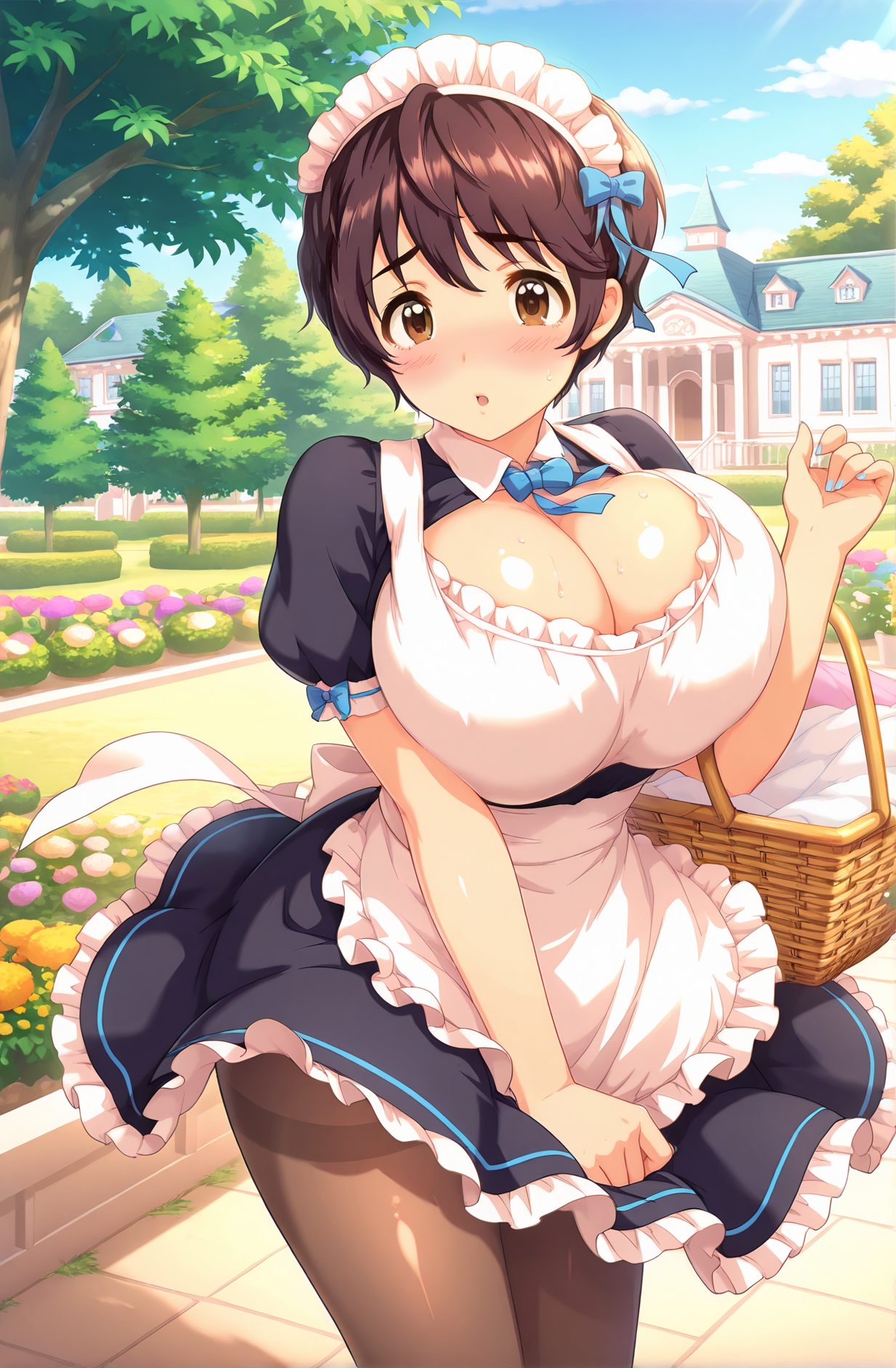 sensitive, 1girl, solo, breasts, looking_at_viewer, blush, short_hair, bangs, large_breasts, brown_hair, dress, bow, cleavage, brown_eyes, flower, short_sleeves, pantyhose, sweat, outdoors, frills, sky, day, nail_polish, huge_breasts, :o, apron, black_dress, tree, maid, maid_headdress, blue_bow, maid_apron, thighband_pantyhose, brown_pantyhose, basket, oikawa_shizuku, 赤面, 短い髪, 前髪, 大きな胸, 茶髪, ボウ, パンスト, 汗, 巨大な胸, 及川雫, ok