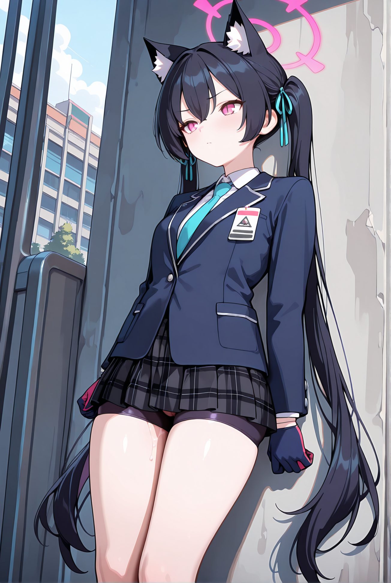 kuromi serika, questionable, 1girl, solo, long_hair, blush, bangs, skirt, shirt, black_hair, gloves, long_sleeves, ribbon, animal_ears, hair_between_eyes, twintails, very_long_hair, closed_mouth, school_uniform, standing, jacket, hair_ribbon, white_shirt, thighs, pleated_skirt, outdoors, necktie, shorts, black_gloves, collared_shirt, cat_ears, miniskirt, pink_eyes, animal_ear_fluff, plaid, pussy_juice, halo, plaid_skirt, black_shorts, blazer, blue_ribbon, blue_jacket, bike_shorts, blue_necktie, id_card, bike_shorts_under_skirt, 長い髪, 赤面, 前髪, スカート, シャツ, 黒髪, 手袋, リボン, 動物耳, 目にかかる髪, ツインテール, とても長い髪, 口閉じ, 学校制服, 髪リボン, 白シャツ, 黒手袋, ミニスカート, 愛液, バイクショーツ（スパッツ）, 黒見セリカ_posted