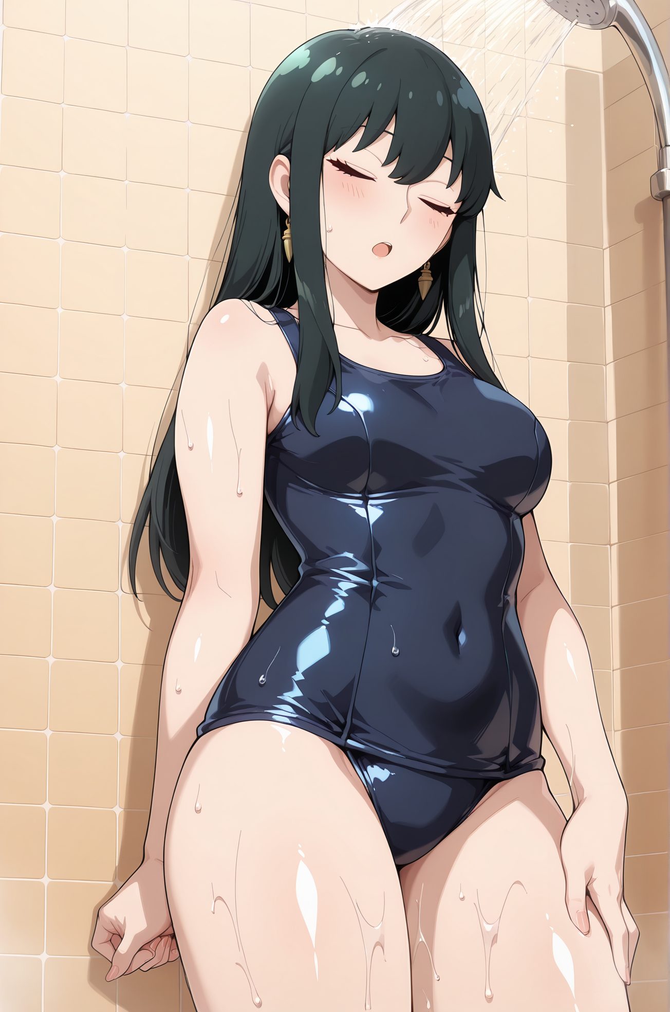 sensitive, 1girl, solo, long_hair, breasts, blush, open_mouth, bangs, black_hair, bare_shoulders, jewelry, medium_breasts, collarbone, swimsuit, closed_eyes, sidelocks, thighs, cowboy_shot, hairband, earrings, shiny, wet, one-piece_swimsuit, covered_navel, school_swimsuit, shiny_clothes, blue_one-piece_swimsuit, hair_down, old_school_swimsuit, gold_earrings, yor_briar, 長い髪, 赤面, 口開き, 前髪, 黒髪, 肩出し, ジュエリー, 中くらいの胸, 鎖骨, 水着, サイドロック, ヘアバンド, イヤリング, 光沢, ワンピース水着, 学校水着, 旧スクール水着, ヨル・ブライア