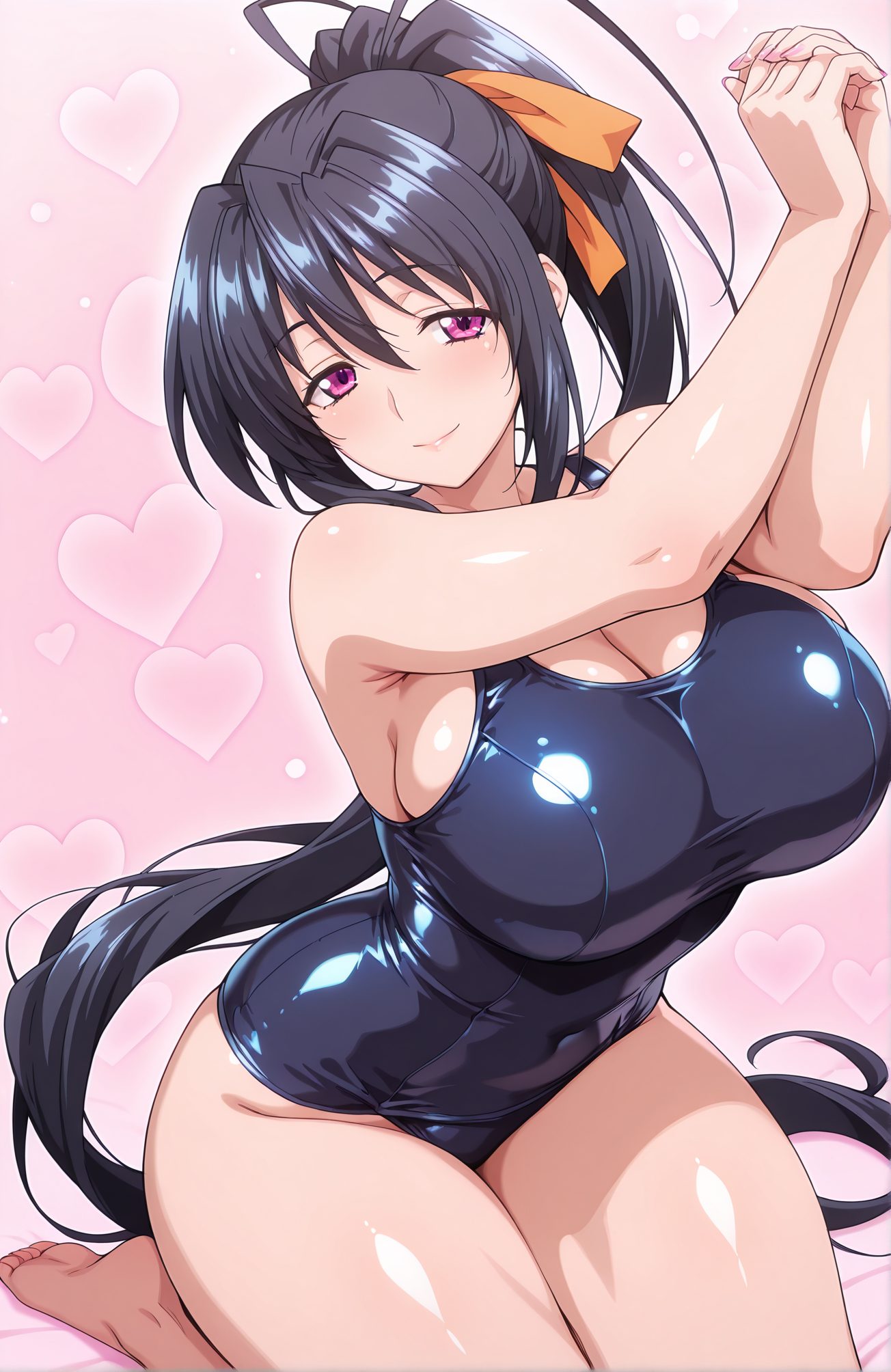 sensitive, 1girl, solo, long_hair, breasts, looking_at_viewer, blush, smile, bangs, large_breasts, black_hair, ribbon, cleavage, hair_between_eyes, bare_shoulders, sitting, very_long_hair, closed_mouth, purple_eyes, swimsuit, hair_ribbon, ponytail, heart, thighs, barefoot, shiny, one-piece_swimsuit, shiny_skin, covered_navel, school_swimsuit, shiny_clothes, blue_one-piece_swimsuit, stretching, heart_background, himejima_akeno, 長い髪, 赤面, 笑顔, 前髪, 大きな胸, 黒髪, リボン, 目にかかる髪, 肩出し, 座り, とても長い髪, 口閉じ, 水着, 髪リボン, ポニーテール, 光沢, ワンピース水着, 光沢肌, 学校水着, 姫島朱乃