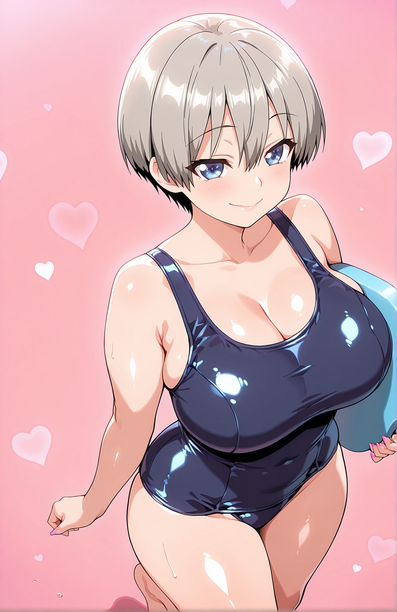 sensitive, 1girl, solo, breasts, looking_at_viewer, blush, smile, short_hair, bangs, blue_eyes, large_breasts, holding, cleavage, hair_between_eyes, bare_shoulders, closed_mouth, collarbone, swimsuit, grey_hair, heart, thighs, barefoot, shiny, one-piece_swimsuit, shiny_skin, covered_navel, pink_background, school_swimsuit, shiny_clothes, blue_one-piece_swimsuit, heart_background, kickboard, uzaki_hana, 赤面, 笑顔, 短い髪, 前髪, 青い目, 大きな胸, 目にかかる髪, 肩出し, 口閉じ, 鎖骨, 水着, 灰髪, 光沢, ワンピース水着, 光沢肌, 学校水着, 宇崎花, 宇崎花_posted
