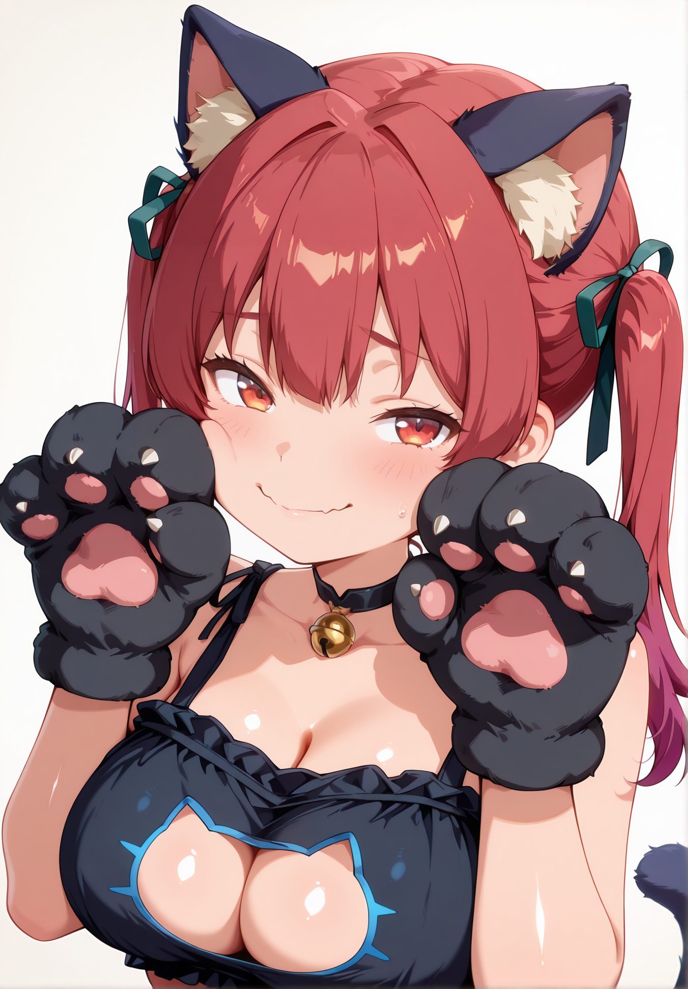 sensitive, 1girl, solo, long_hair, breasts, looking_at_viewer, blush, smile, bangs, large_breasts, simple_background, red_eyes, gloves, white_background, ribbon, animal_ears, cleavage, bare_shoulders, twintails, closed_mouth, underwear, collarbone, tail, hair_ribbon, upper_body, red_hair, frills, choker, fang, virtual_youtuber, cat_ears, bra, cat_tail, animal_ear_fluff, clothing_cutout, bell, black_ribbon, heterochromia, black_choker, wavy_mouth, cleavage_cutout, black_bra, jingle_bell, neck_bell, animal_hands, meme_attire, paw_gloves, frilled_bra, cat_cutout, cat_lingerie, houshou_marine, 長い髪, 赤面, 笑顔, 前髪, 大きな胸, 赤い目, 手袋, リボン, 動物耳, 肩出し, ツインテール, 口閉じ, 下着, 鎖骨, 髪リボン, 赤髪, チョーカー, バーチャルYouTuber, ブラ, 黒チョーカー, 猫ランジェリー, 宝鐘マリン