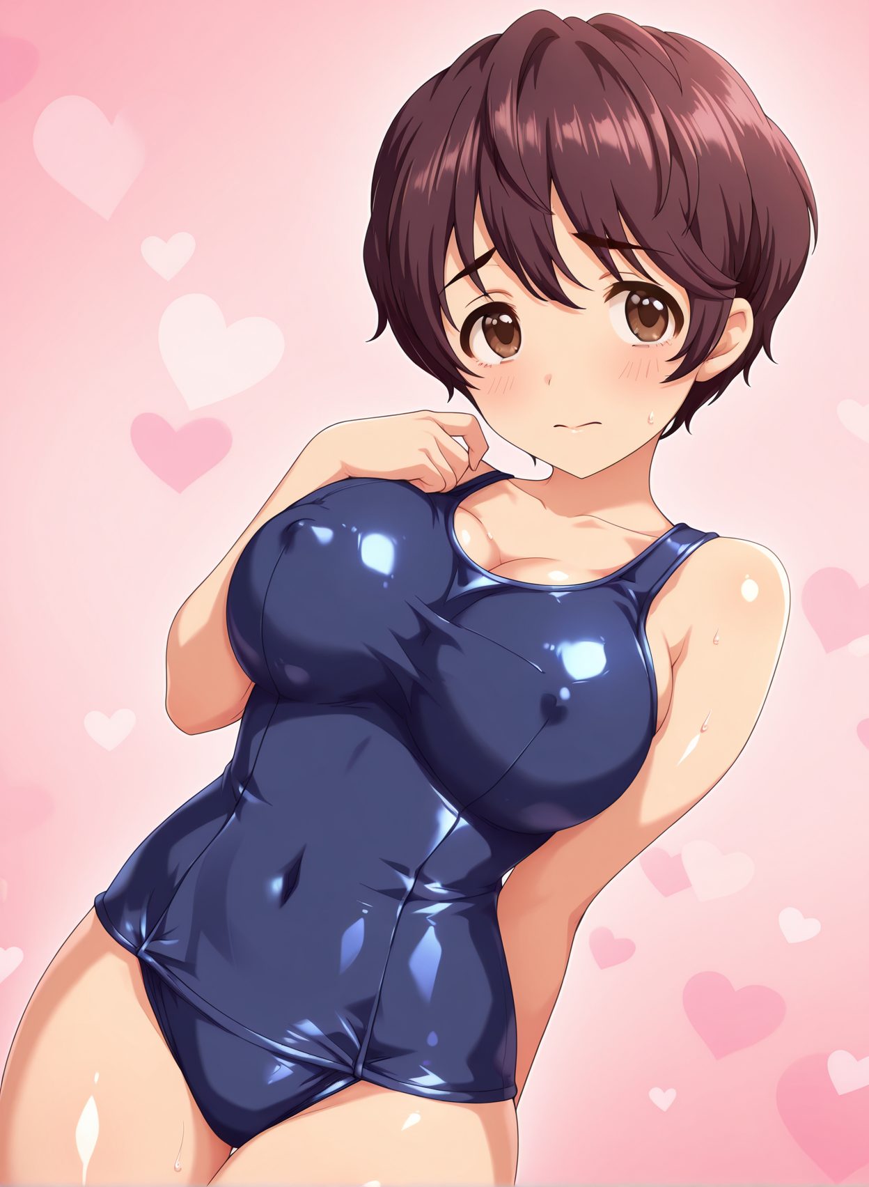 sensitive, questionable, 1girl, solo, breasts, looking_at_viewer, blush, short_hair, bangs, large_breasts, brown_hair, cleavage, brown_eyes, closed_mouth, standing, collarbone, swimsuit, cowboy_shot, shiny, covered_nipples, one-piece_swimsuit, shiny_skin, covered_navel, pink_background, school_swimsuit, arm_behind_back, shiny_clothes, blue_one-piece_swimsuit, old_school_swimsuit, oikawa_shizuku, 赤面, 胸チラ, 水着, 巨乳, ぱっつん, ワンピース, スクール水着, アイドルマスター, 短い髪, 前髪, 大きな胸, 茶髪, 口閉じ, 鎖骨, 光沢, ワンピース水着, 光沢肌, 学校水着, 旧スクール水着, 及川雫, ok