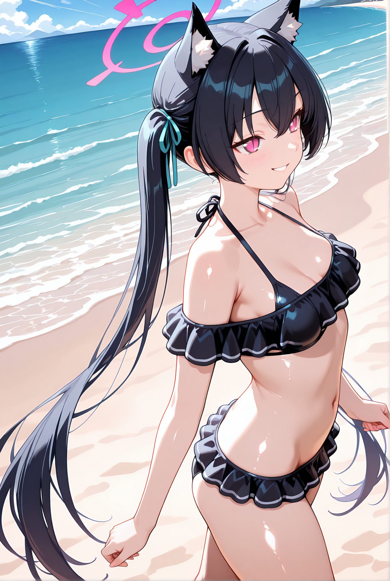 kuromi serika, sensitive, 1girl, solo, long_hair, breasts, blush, smile, bangs, black_hair, ribbon, navel, animal_ears, cleavage, bare_shoulders, twintails, very_long_hair, collarbone, swimsuit, hair_ribbon, bikini, thighs, small_breasts, outdoors, frills, parted_lips, day, cat_ears, pink_eyes, off_shoulder, stomach, animal_ear_fluff, black_bikini, ocean, halo, beach, frilled_bikini, off-shoulder_bikini, 長い髪, 赤面, 笑顔, 前髪, 黒髪, リボン, 動物耳, 肩出し, ツインテール, とても長い髪, 鎖骨, 水着, 髪リボン, ビキニ, 小さな胸, ok, Posted