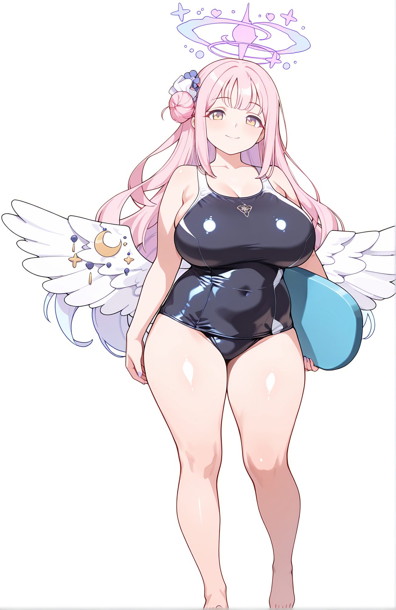 sensitive, 1girl, solo, long_hair, breasts, looking_at_viewer, smile, bangs, large_breasts, simple_background, hair_ornament, white_background, very_long_hair, closed_mouth, standing, swimsuit, full_body, yellow_eyes, pink_hair, thighs, wings, barefoot, hair_bun, one-piece_swimsuit, bare_legs, covered_navel, halo, thick_thighs, school_swimsuit, feathered_wings, angel_wings, blue_one-piece_swimsuit, white_wings, black_one-piece_swimsuit, single_side_bun, low_wings, mika_(blue_archive), 長い髪, 笑顔, 前髪, 大きな胸, 髪飾り, とても長い髪, 口閉じ, 水着, ピンク髪, 髪団子, ワンピース水着, 学校水着, ミカ（ブルーアーカイブ）