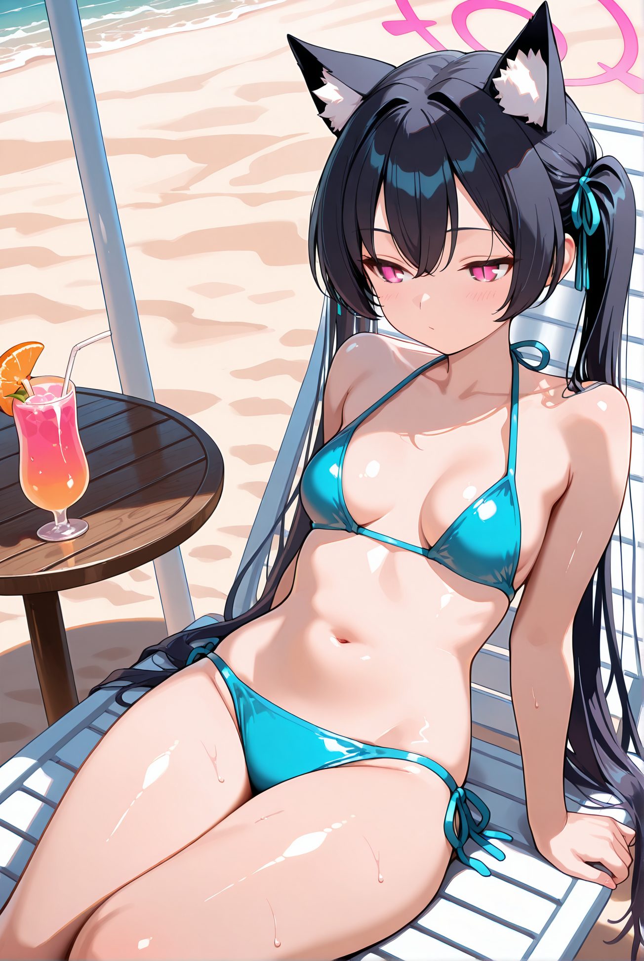 kuromi serika, sensitive, 1girl, solo, long_hair, breasts, blush, bangs, black_hair, red_eyes, ribbon, navel, animal_ears, bare_shoulders, twintails, sitting, very_long_hair, closed_mouth, collarbone, swimsuit, hair_ribbon, bikini, thighs, small_breasts, outdoors, day, cat_ears, pink_eyes, stomach, cup, animal_ear_fluff, side-tie_bikini_bottom, halterneck, halo, looking_away, beach, table, breasts_apart, string_bikini, blue_bikini, drinking_glass, drinking_straw, sand, drink, orange_(fruit), beach_chair, orange_slice, tropical_drink, 長い髪, 赤面, 前髪, 黒髪, 赤い目, リボン, 動物耳, 肩出し, ツインテール, 座り, とても長い髪, 口閉じ, 鎖骨, 水着, 髪リボン, ビキニ, 小さな胸, ストリングビキニ, ok, Posted
