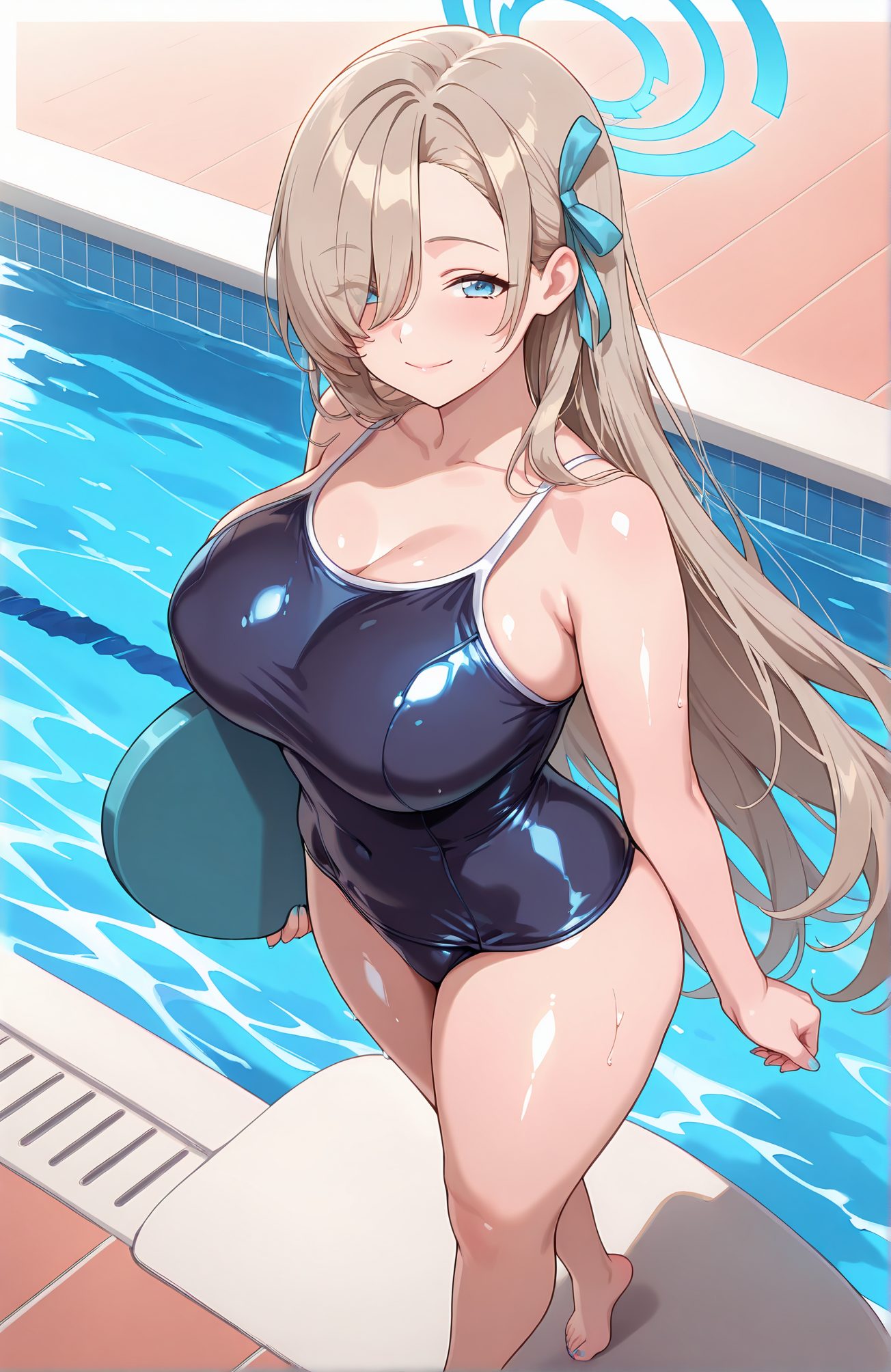 sensitive, 1girl, solo, long_hair, breasts, looking_at_viewer, blush, smile, bangs, blue_eyes, large_breasts, ribbon, holding, cleavage, bare_shoulders, closed_mouth, standing, collarbone, swimsuit, hair_ribbon, thighs, barefoot, alternate_costume, shiny, water, hair_over_one_eye, wet, one-piece_swimsuit, covered_navel, swept_bangs, halo, school_swimsuit, light_brown_hair, blue_ribbon, shiny_clothes, blue_one-piece_swimsuit, pool, tile_floor, poolside, competition_school_swimsuit, pool_ladder, asuna_(blue_archive), 長い髪, 赤面, 笑顔, 前髪, 青い目, 大きな胸, リボン, 肩出し, 口閉じ, 鎖骨, 水着, 髪リボン, 光沢, ワンピース水着, 学校水着, 競泳用スクール水着, アスナ（ブルーアーカイブ）, 一之瀬アスナ_posted