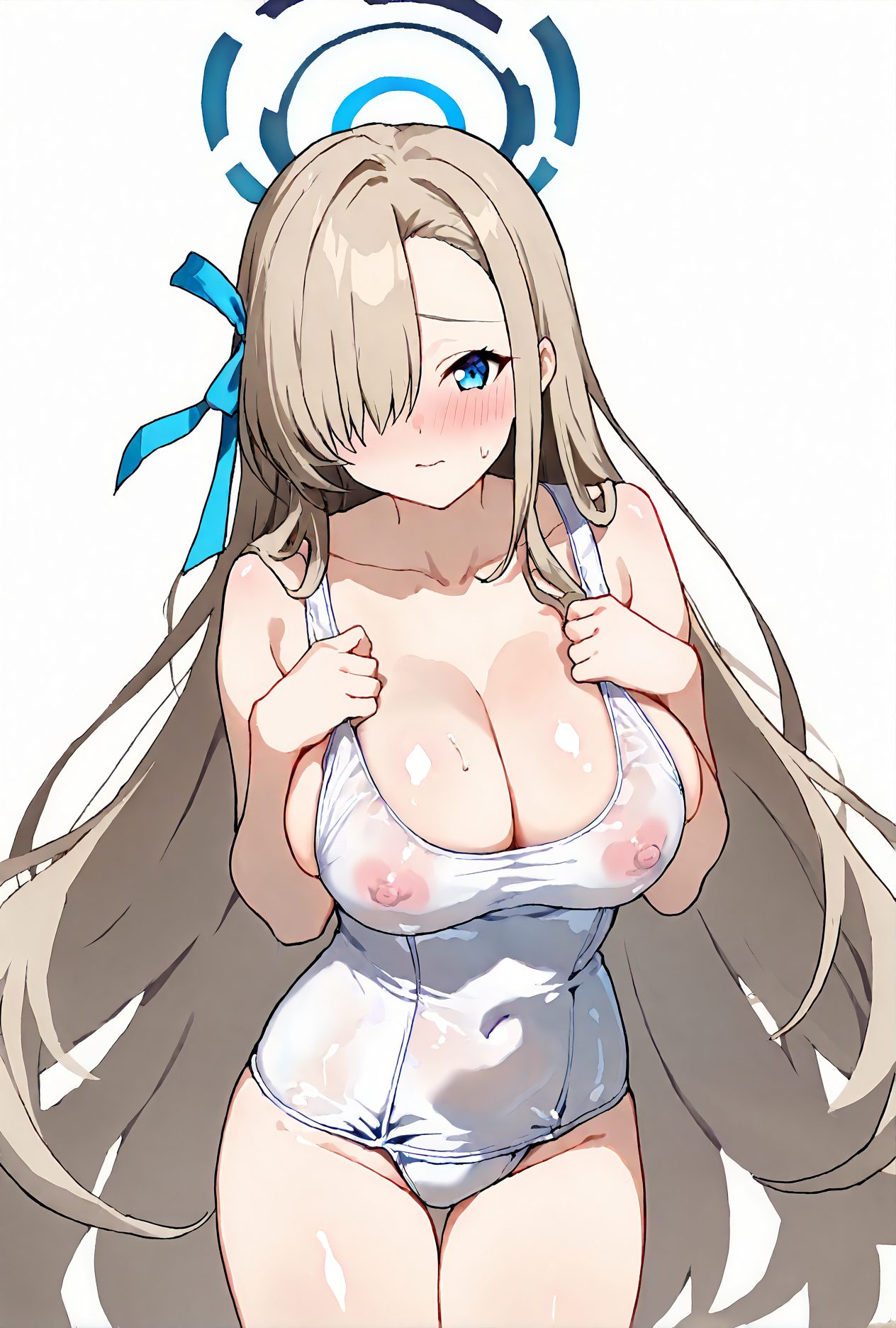 1girl, swimsuit, breasts, solo, white one-piece swimsuit, long hair, one-piece swimsuit, halo, asuna \(blue archive\), large breasts, hair over one eye, blue eyes, school swimsuit, cleavage, blush, mole on breast, alternate costume, looking at viewer, very long hair, see-through, nipples, ribbon, mole, white background, hair ribbon, bare shoulders, simple background, light brown hair, collarbone, bangs, closed mouth, wet, cowboy shot, blue ribbon, covered navel, bare arms, old school swimsuit, covered nipples, one eye covered, thighs, 赤面, 乳首, 胸チラ, 乳首チラ, 裸足, 水着, 濡れ透け, ロングヘア, 巨乳, ぱっつん, ワンピース, 透け, アングル, スクール水着, Posted, 長い髪, ワンピース水着, アスナ（ブルーアーカイブ）, 大きな胸, 青い目, 学校水着, とても長い髪, リボン, 髪リボン, 肩出し, 鎖骨, 前髪, 口閉じ, 旧スクール水着, 一之瀬アスナ_posted