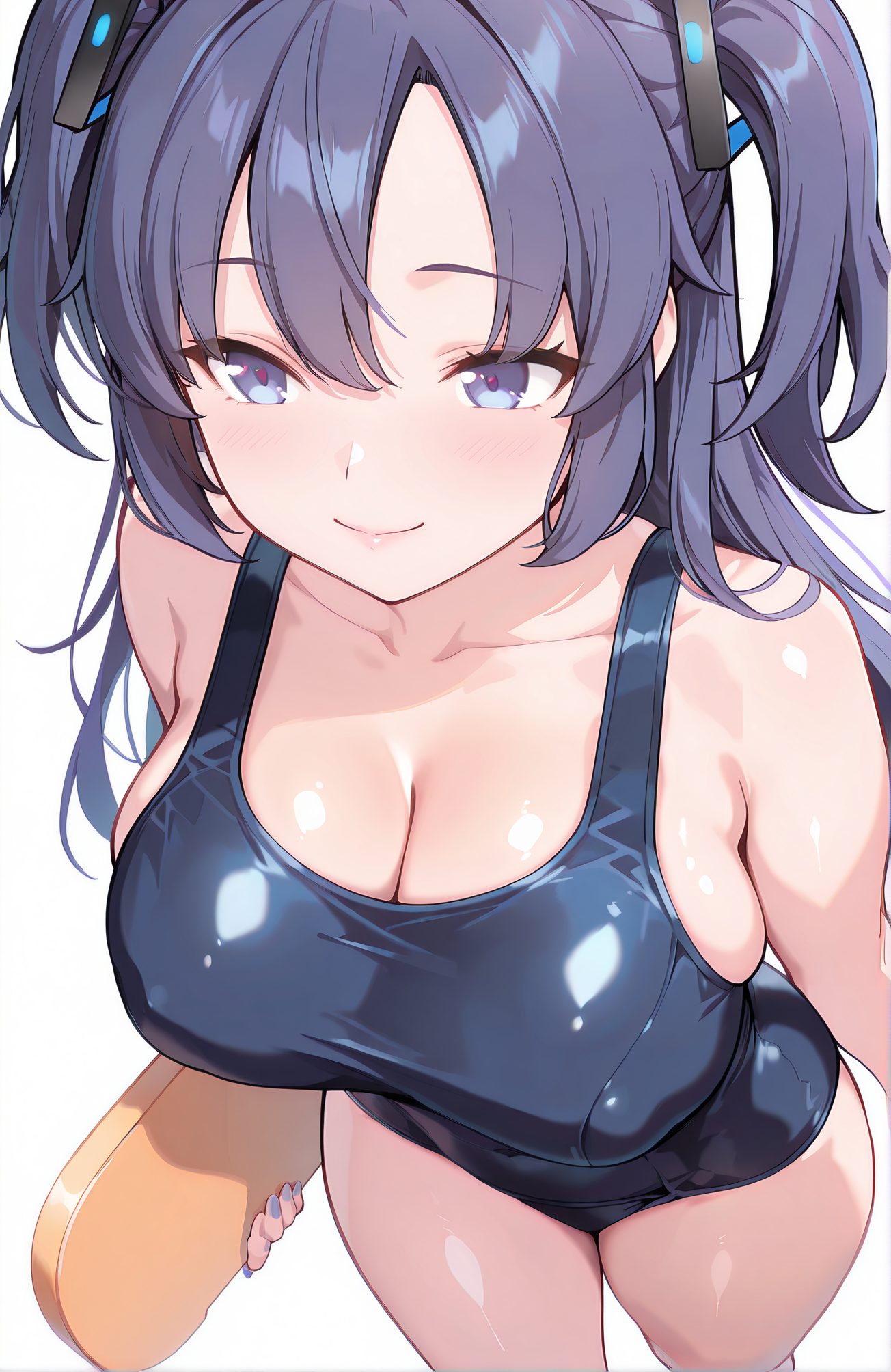 sensitive, 1girl, solo, long_hair, breasts, looking_at_viewer, blush, smile, bangs, blue_eyes, large_breasts, simple_background, white_background, holding, cleavage, bare_shoulders, closed_mouth, purple_eyes, collarbone, swimsuit, purple_hair, thighs, two_side_up, one-piece_swimsuit, parted_bangs, covered_navel, skindentation, halo, school_swimsuit, blue_one-piece_swimsuit, yuuka_(blue_archive), 長い髪, 赤面, 笑顔, 前髪, 青い目, 大きな胸, 肩出し, 口閉じ, 鎖骨, 水着, 紫髪, 両側アップ, ワンピース水着, 学校水着, ユウカ（ブルーアーカイブ）