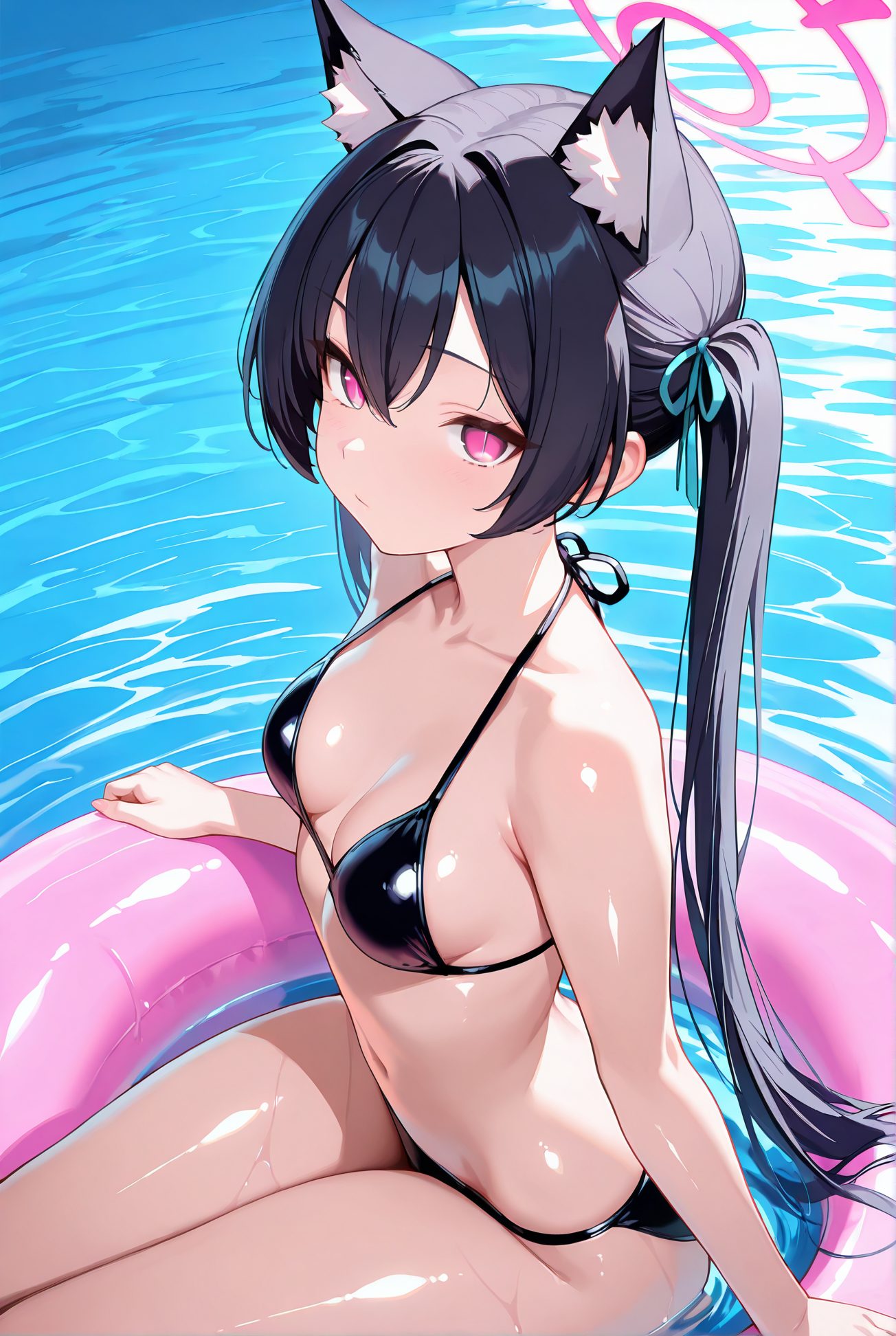 kuromi serika, sensitive, 1girl, solo, long_hair, breasts, looking_at_viewer, bangs, black_hair, red_eyes, ribbon, navel, animal_ears, bare_shoulders, twintails, sitting, very_long_hair, closed_mouth, collarbone, swimsuit, hair_ribbon, bikini, thighs, small_breasts, cat_ears, pink_eyes, water, stomach, wet, animal_ear_fluff, bare_arms, black_bikini, halterneck, halo, string_bikini, innertube, 長い髪, 前髪, 黒髪, 赤い目, リボン, 動物耳, 肩出し, ツインテール, 座り, とても長い髪, 口閉じ, 鎖骨, 水着, 髪リボン, ビキニ, 小さな胸, ストリングビキニ, 黒見セリカ_posted