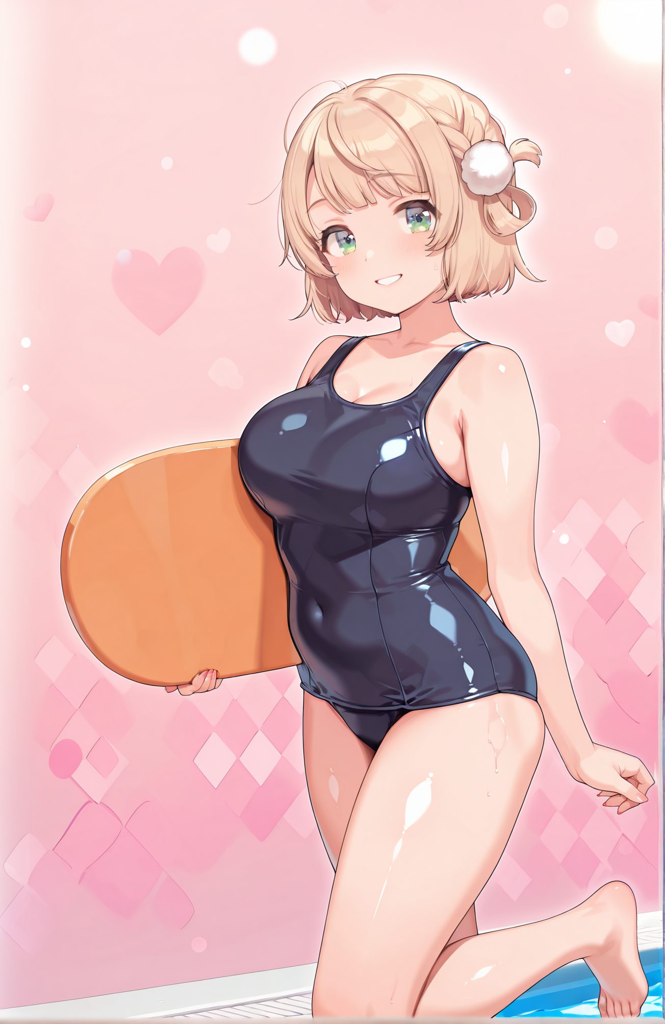 sensitive, 1girl, solo, breasts, looking_at_viewer, blush, smile, short_hair, bangs, blonde_hair, large_breasts, hair_ornament, holding, bare_shoulders, green_eyes, collarbone, swimsuit, braid, barefoot, shiny, virtual_youtuber, grin, wet, one-piece_swimsuit, covered_navel, school_swimsuit, light_brown_hair, pom_pom_(clothes), french_braid, hair_rings, shiny_clothes, blue_one-piece_swimsuit, black_one-piece_swimsuit, old_school_swimsuit, pom_pom_hair_ornament, kickboard, 赤面, 笑顔, 短い髪, 前髪, 金髪, 大きな胸, 髪飾り, 肩出し, 緑の目, 鎖骨, 水着, 光沢, バーチャルYouTuber, ワンピース水着, 学校水着, 旧スクール水着, しぐれうい