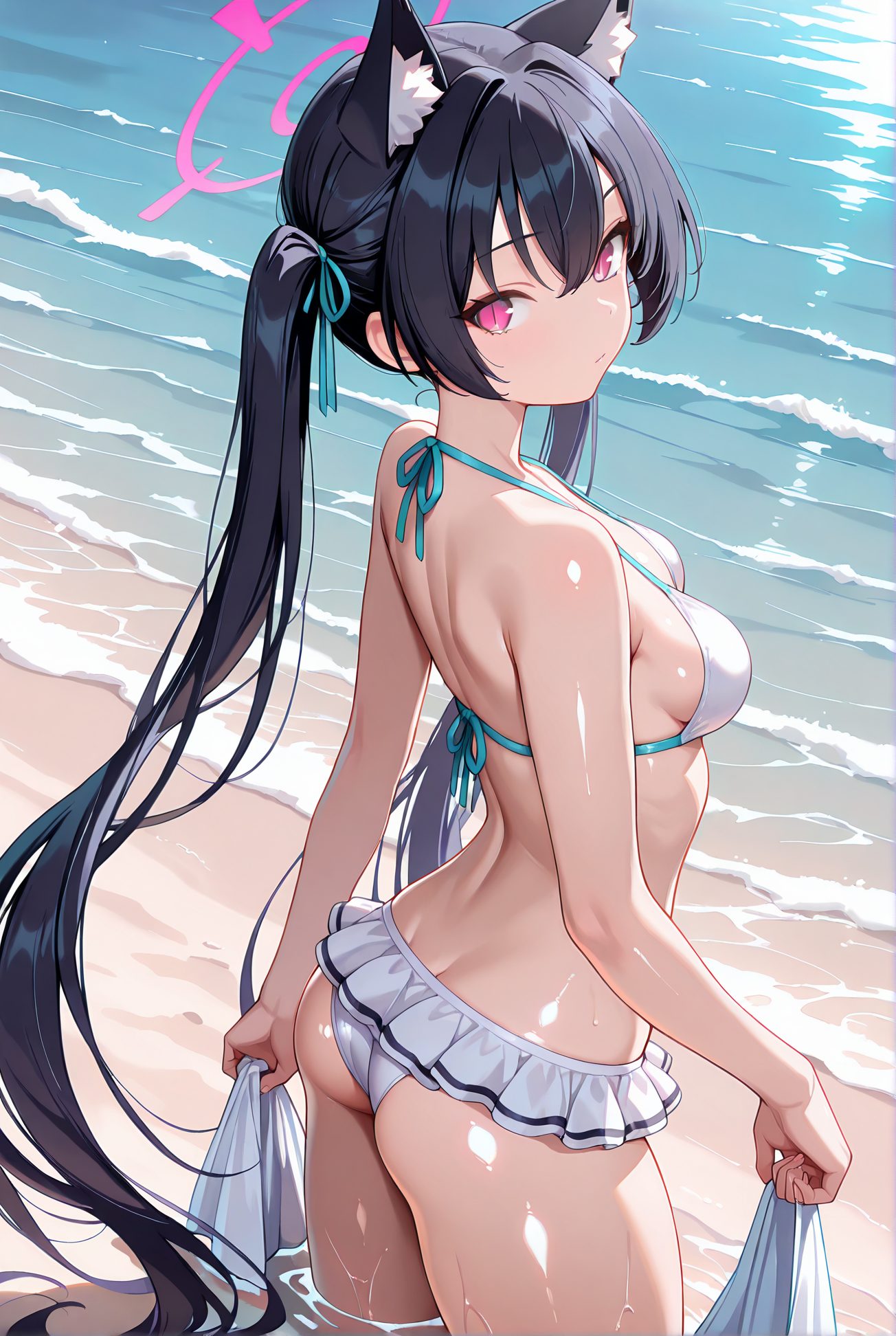 kuromi serika, sensitive, 1girl, solo, long_hair, breasts, looking_at_viewer, bangs, black_hair, ribbon, holding, animal_ears, bare_shoulders, twintails, medium_breasts, very_long_hair, closed_mouth, standing, swimsuit, hair_ribbon, ass, bikini, thighs, small_breasts, outdoors, frills, looking_back, cat_ears, pink_eyes, water, wet, animal_ear_fluff, bare_arms, sideboob, ocean, halterneck, back, halo, white_bikini, beach, string_bikini, extra_ears, wading, frilled_bikini, 長い髪, 前髪, 黒髪, リボン, 動物耳, 肩出し, ツインテール, 中くらいの胸, とても長い髪, 口閉じ, 水着, 髪リボン, ビキニ, 小さな胸, ストリングビキニ, 黒見セリカ_posted