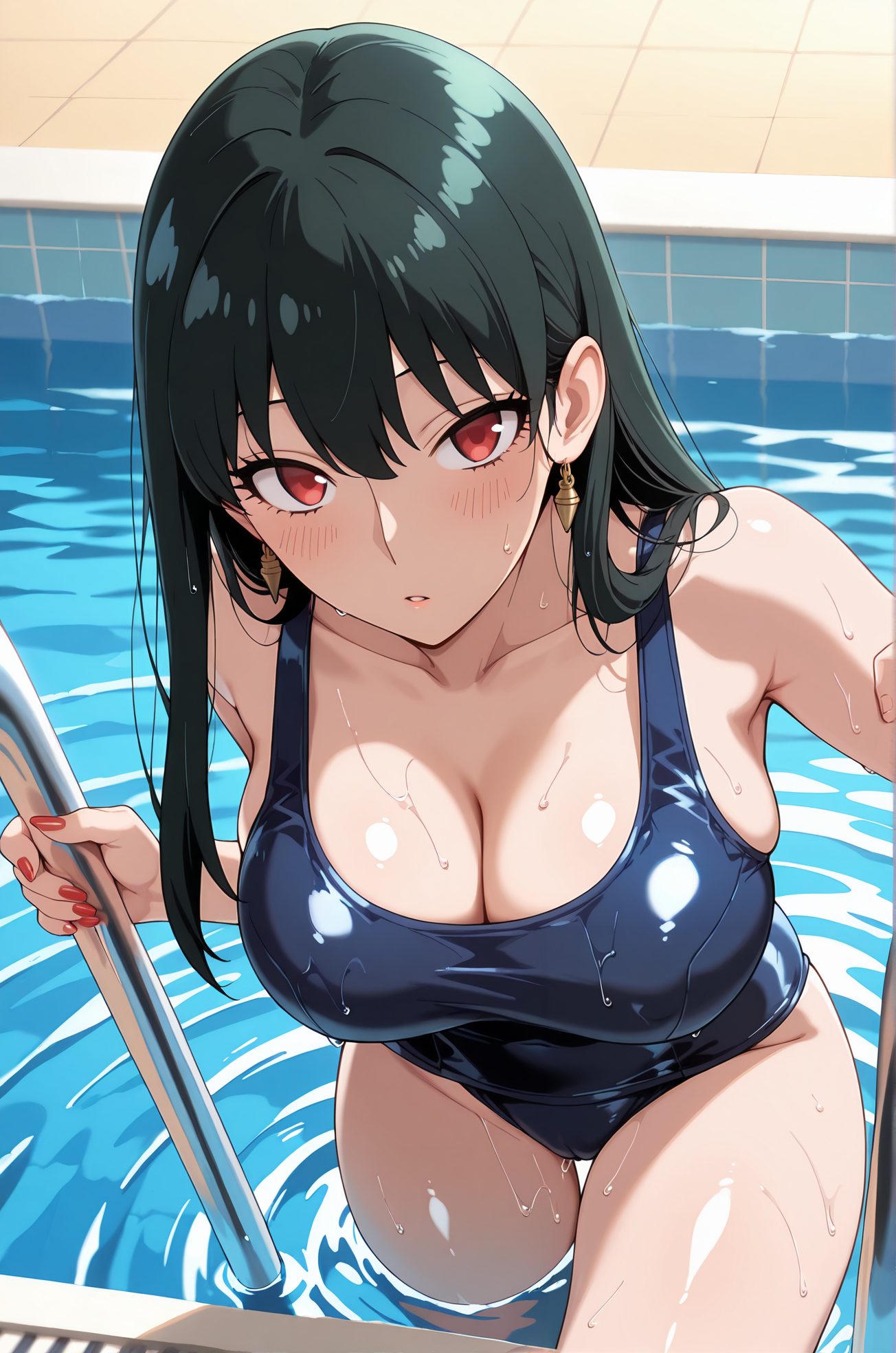 sensitive, 1girl, solo, long_hair, breasts, looking_at_viewer, blush, bangs, large_breasts, black_hair, red_eyes, cleavage, bare_shoulders, jewelry, collarbone, swimsuit, sidelocks, thighs, hairband, earrings, parted_lips, water, nail_polish, wet, one-piece_swimsuit, covered_navel, skindentation, thigh_gap, school_swimsuit, wet_clothes, red_nails, shiny_clothes, blue_one-piece_swimsuit, pool, wet_hair, poolside, wet_swimsuit, pool_ladder, gold_earrings, yor_briar, 長い髪, 赤面, 前髪, 大きな胸, 黒髪, 赤い目, 肩出し, ジュエリー, 鎖骨, 水着, サイドロック, ヘアバンド, イヤリング, ワンピース水着, 学校水着, ヨル・ブライア